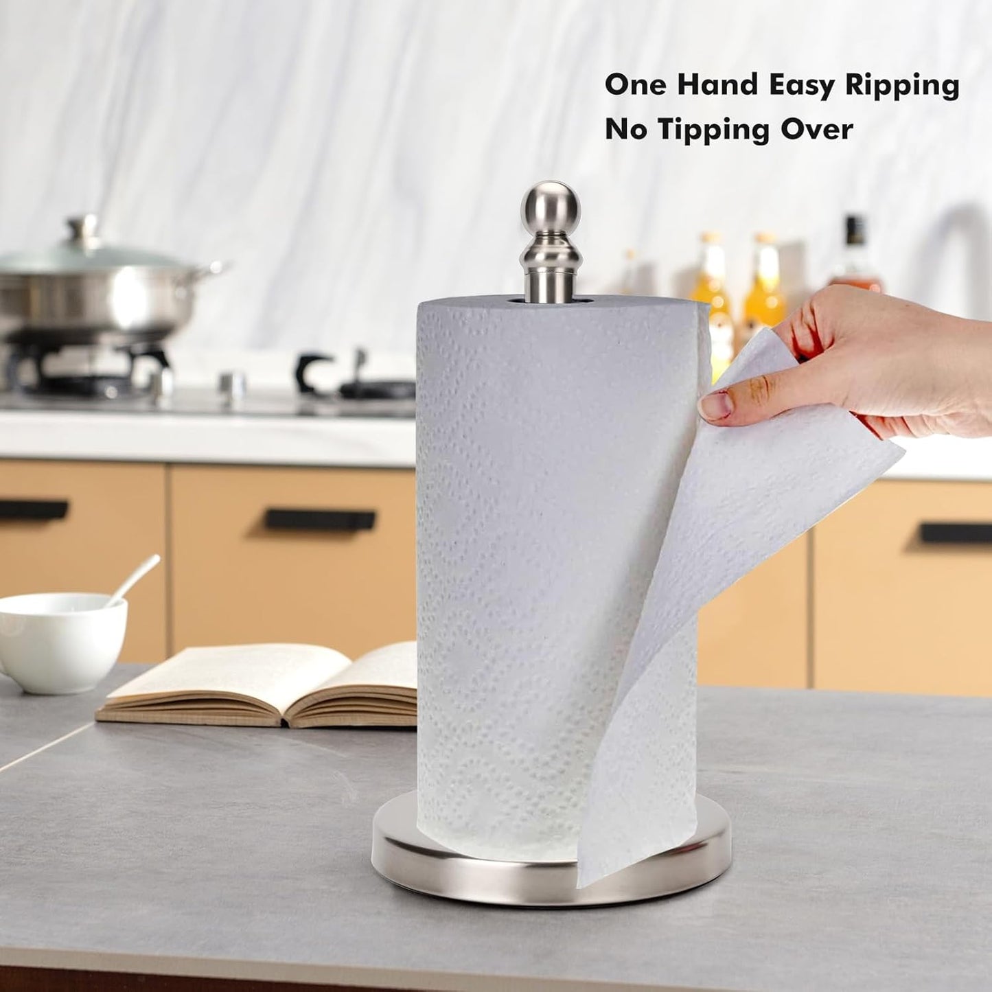 Paper Towel Holder Countertop with Weighted Base, One-Handed Design No Tipping Over, Stainless Steel Paper Towel Holder Stand in Brushed Nickel Finish