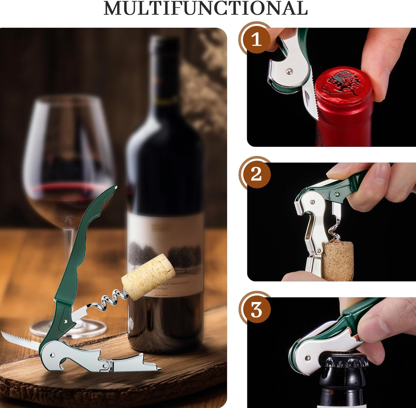 HYZ 2-Pack Wine Opener Waiter Corkscrew, Professional Wine Key for Servers, Bartender with Foil Cutter, Manual Wine Bottle Opener Double Hinged (Dark Green)
