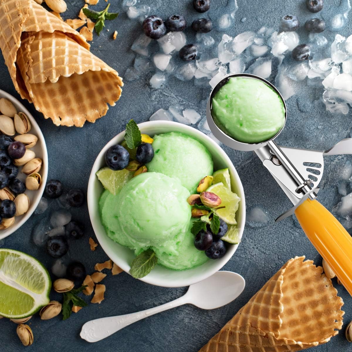 Commercial-Grade Ice Cream Scooper 1.63 oz, 18/8 Stainless Steel Cookie Scoop with Plastic Handle, Portion Control Disher Scoop for Bakeries, Restaurants & Dessert Shops, #20, Yellow