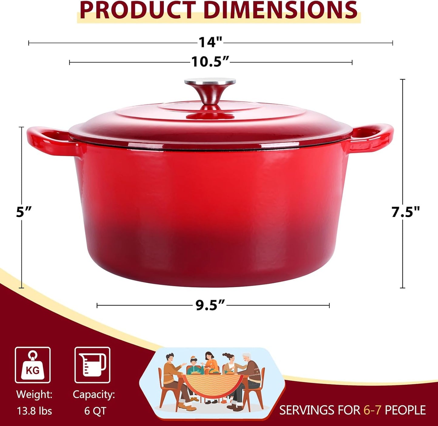 E-far Enameled Cast Iron Dutch Oven with Lid, 6 Quart Round Dutch Oven Pot Nonstick Cookware for Braising, Stews, Roasting, Bread Baking, Cooking, Heavy Duty, Induction & Oven Safe - Red