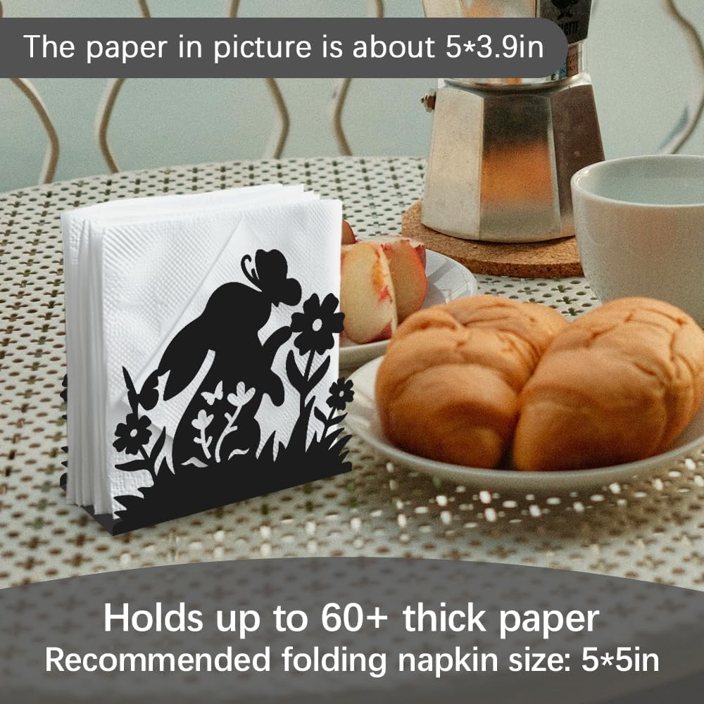 Rabbit Flower Decorative Black Metal Napkin Holder for Table, 5.3" x 4.9" x 1.9" Bunny Butterfly Animal Standing Napkin Holder for Home Kitchen Restaurant Picnic Party Coffee Bar Dining Room
