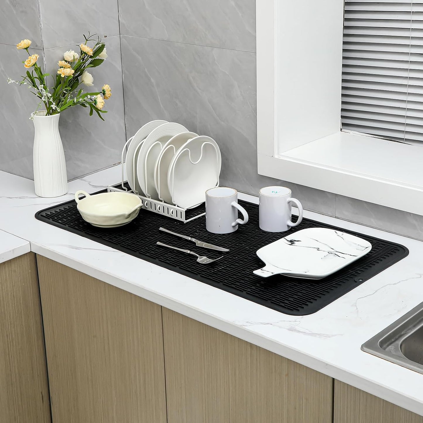 Silicone Dish Drying Mat for Multiple Usage,Easy clean,Eco-friendly,Heat-resistant Silicone Mat for Kitchen Counter or Sink,Refrigerator or Drawer Liner Black 5XL 36inches x 18inches