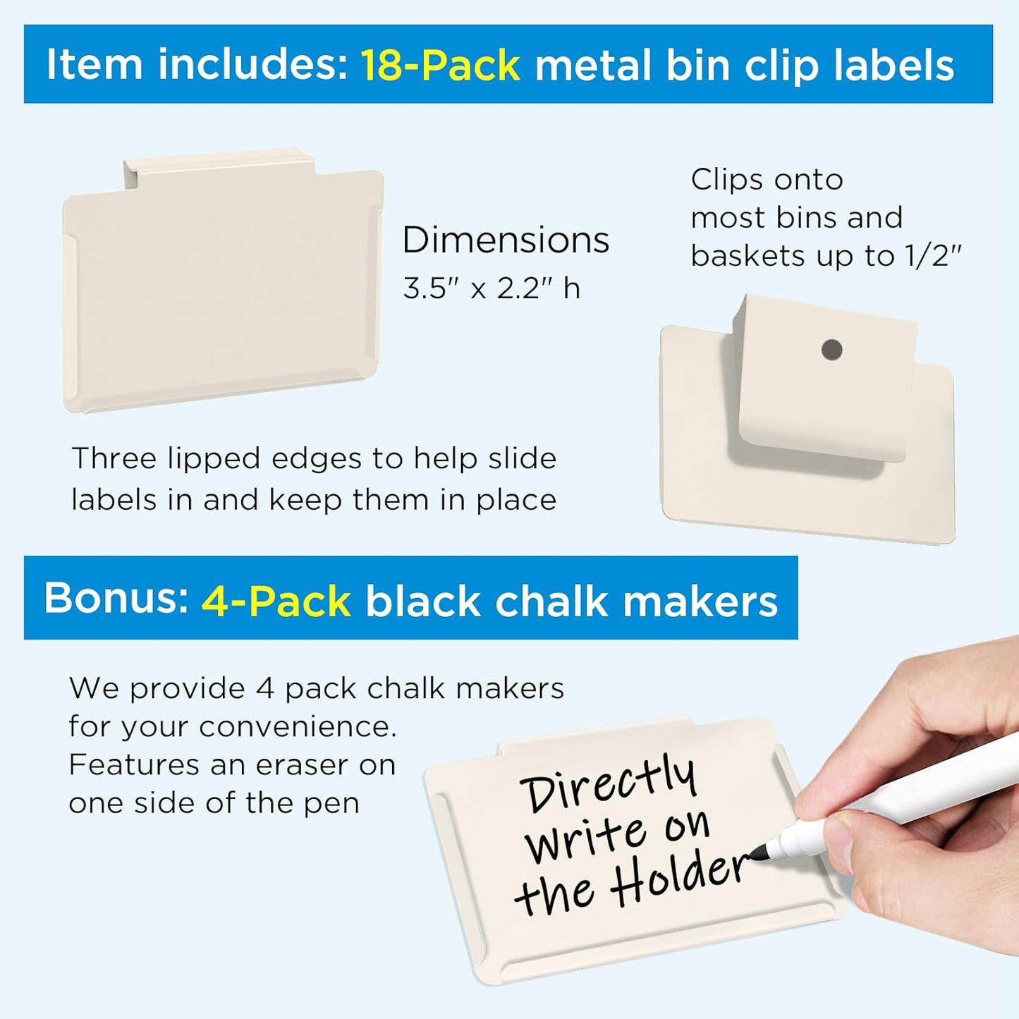 Metal Pantry Baskets Labels Clip On for Storage Bins | Edge Fold-Cream (Edge Fold-Cream, 18 Metal Label Clip)