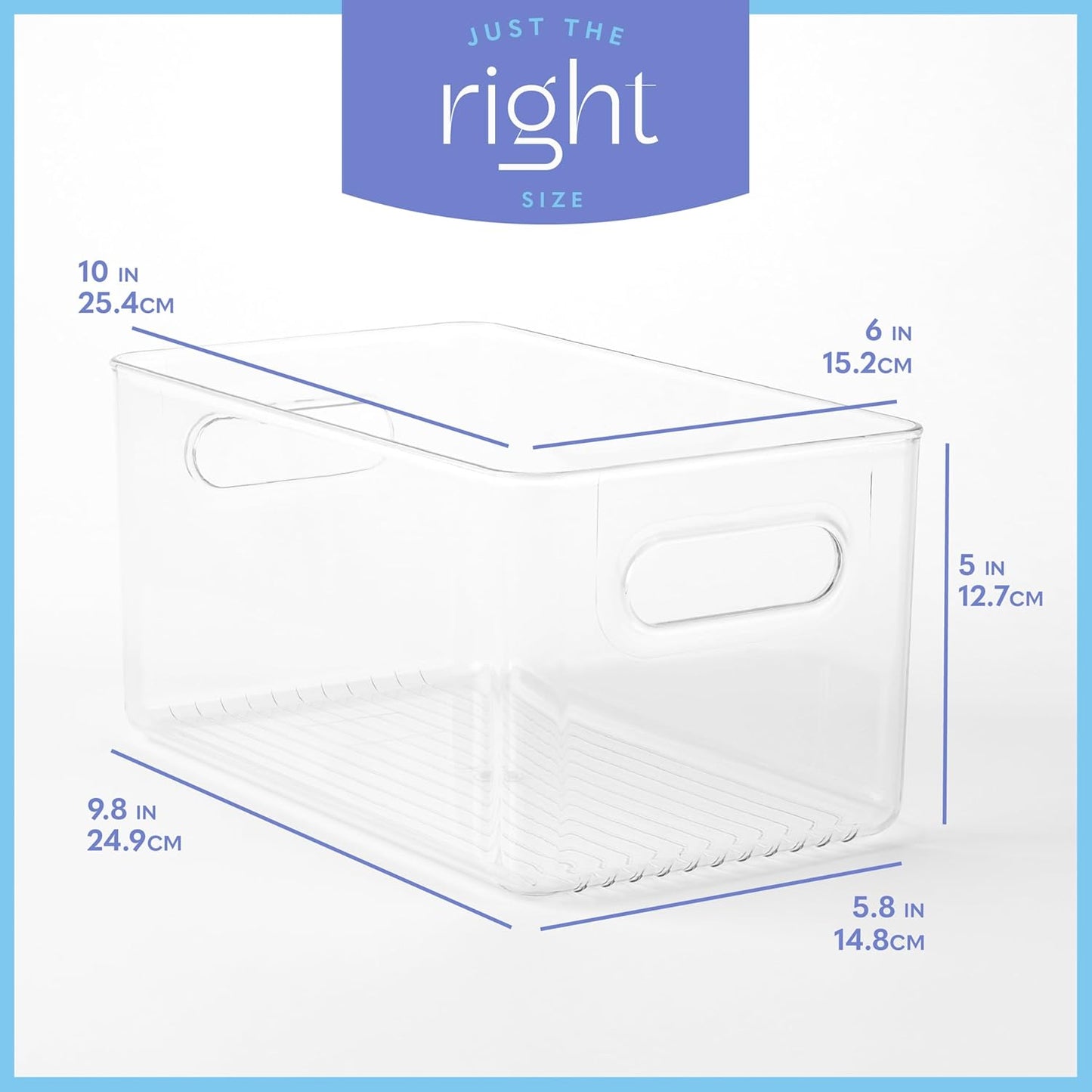 Plastic Food Storage 2 Pack Clear Container Bin with Handles for Organizing Kitchen, Pantry, Refrigerator, Freezer, Pantry, Cabinet, Closet, Bathroom. 10”x6”x5”