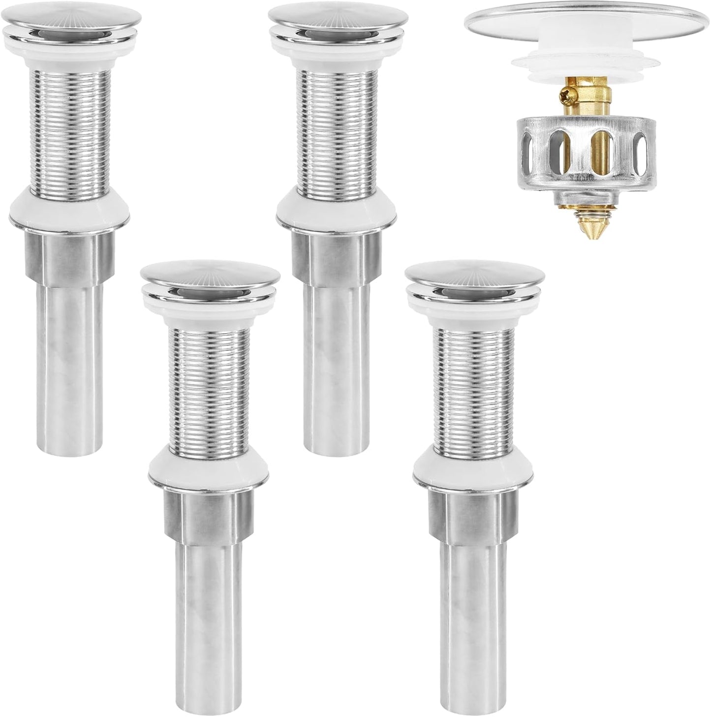 Bathroom Sink Drain,4 Pack Drain Stopper Without Overflow,Pop Up Drain Assembly with Detachable Strainer Basket,Built-in Anti-Clogging, Stainless Steel Nut Brushed Nickel