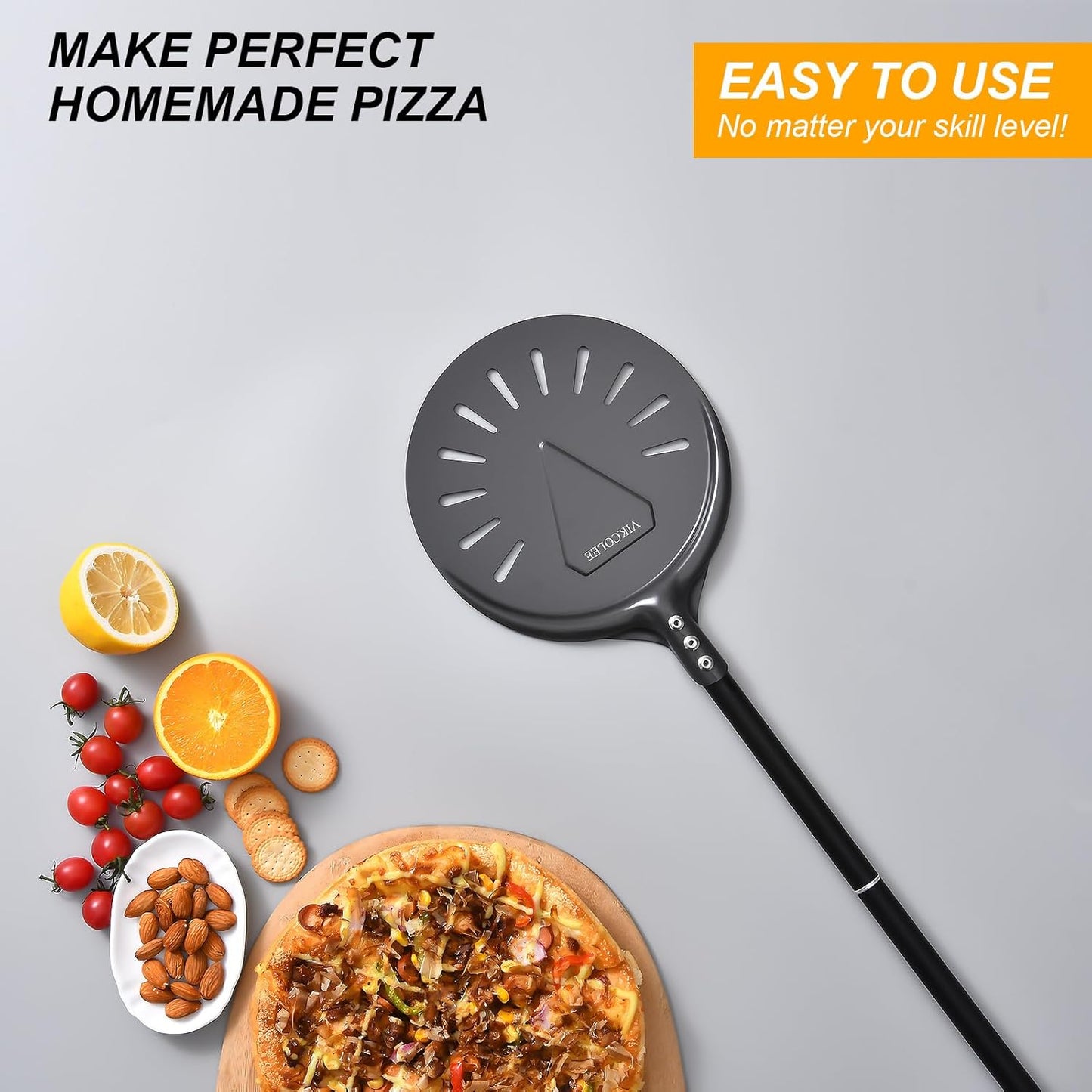 Turning Pizza Peel, 8 Inch with 25 Inch Handle Round Pizza Turning Peel, Professional Anodized Aluminum Turning Pizza Spatula, 33 Inch overall