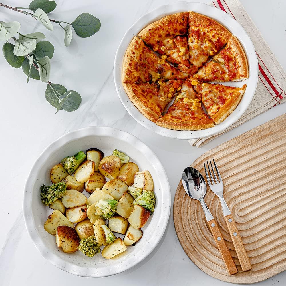 HVH 10 inch Pie Pan for Baking, Ceramic Pie Dish, Deep Dish Pie Plate for Dessert Kitchen, Deep Dish Pie Pan with Fluted Edge, Set of 2, Farmhouse Style (White)