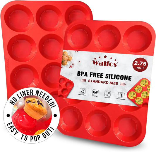 Walfos Muffin Pan Set - 12 Cups Regular Silicone Cupcake Pan, Non-stick and BPA Free, Great for Making Muffin Cakes, Tart, Fat Bombs - Dishwasher Safe, 2-Piece
