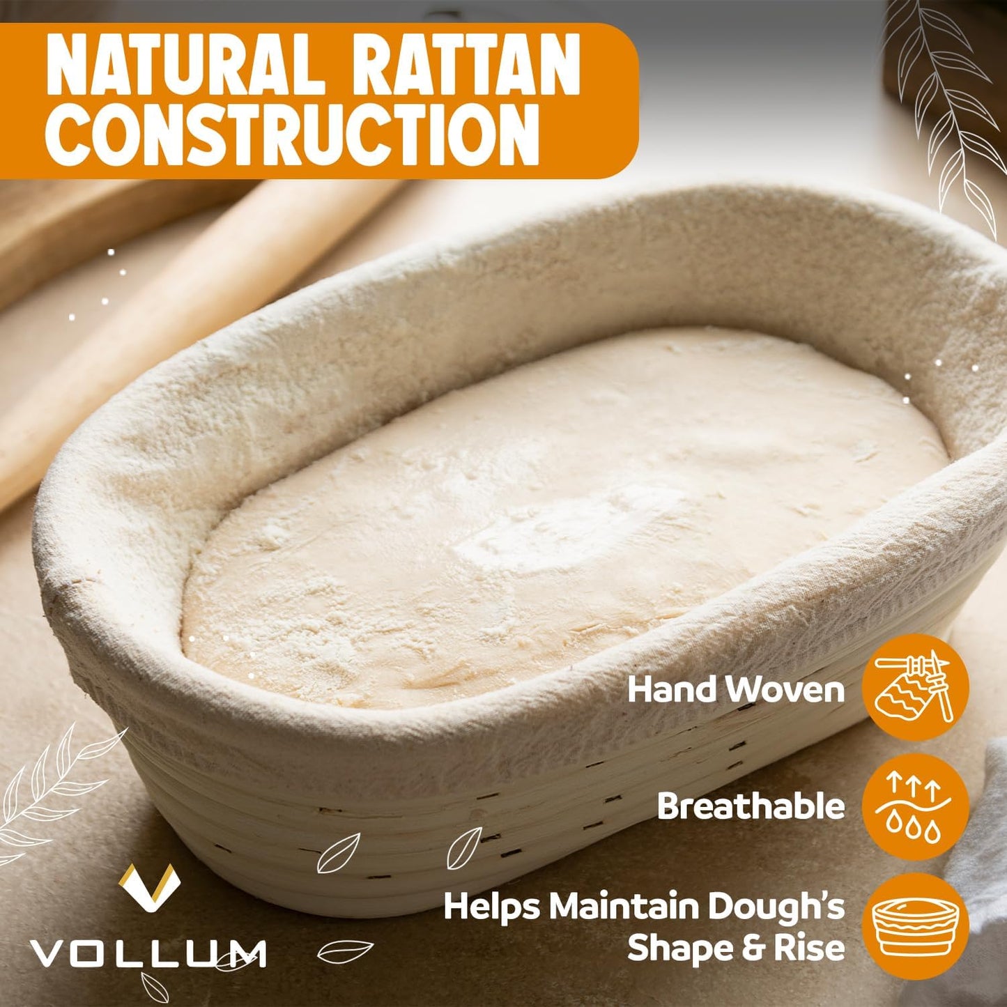 Banneton Bread Proofing Basket Sourdough Proofing Basket for Beginners & Professional Bakers, Handwoven Rattan Cane Bread Maker for Artisan Breads, 13.5 Inch x 3.5 In x 3 In, 0.5-lb Rectangular