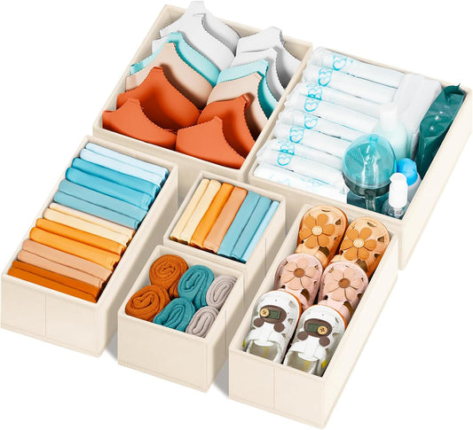 Criusia Drawer Organizer Clothes 6 Pack - Sock Underwear Drawer Organizer Divider - Dresser Organizer Bins for Closet Bedroom - Baby Clothes Organizers and Storage for Nursery Organization -Beige