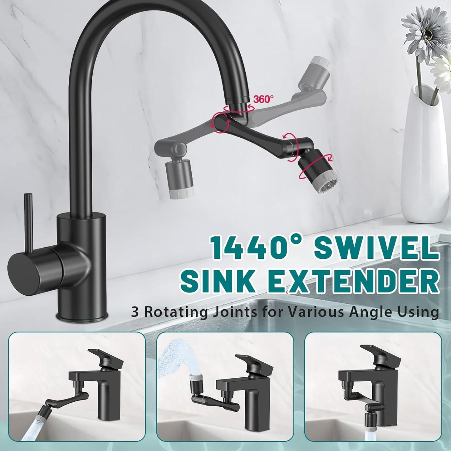 CECEFIN 1440° Rotating-Faucet-Extender Sink Aerator - 1080°+360° Large-Angle Splash Tap Extension with 2 Water Outlet, Swivel Multifunctional Robotic Arm for Kitchen/Bathroom, Black