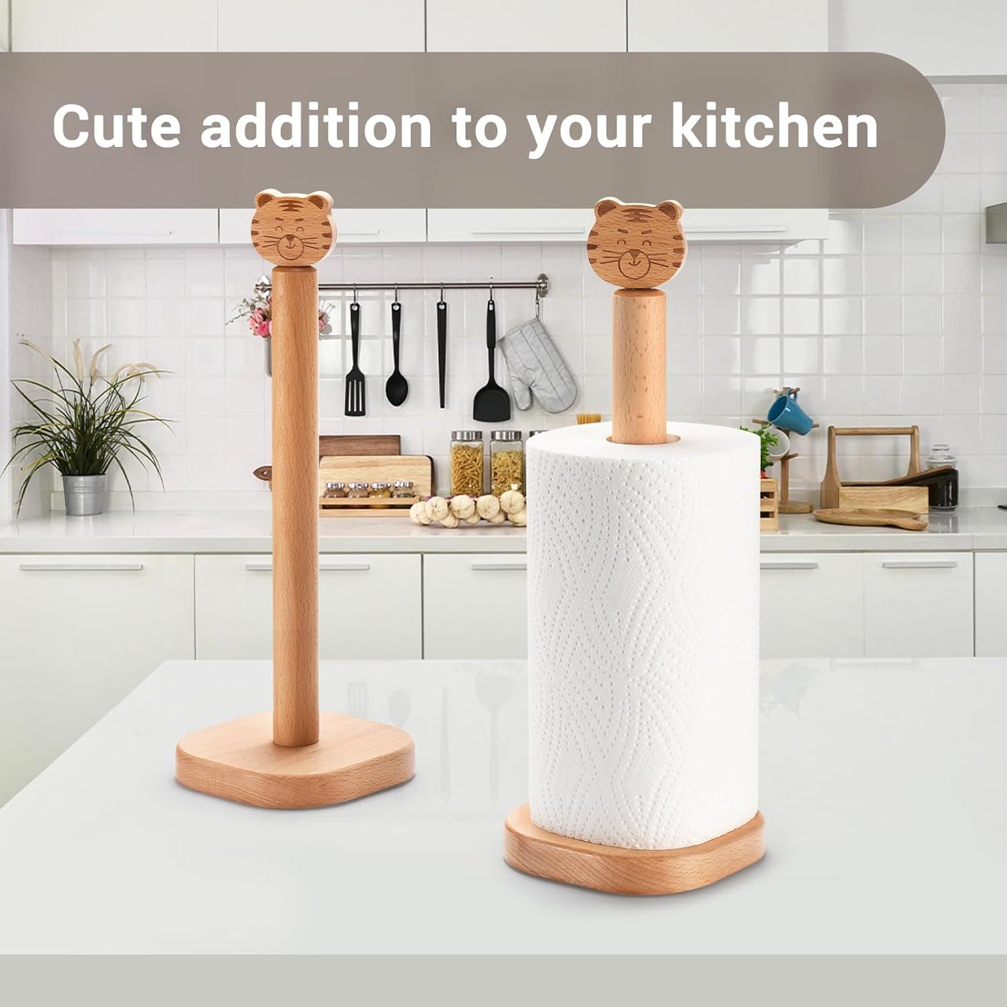 Paper Towel Holder, Cute Tiger Wooden Kitchen Roll Stand Organizer Countertop Free Standing, Housewarming Gift New Home