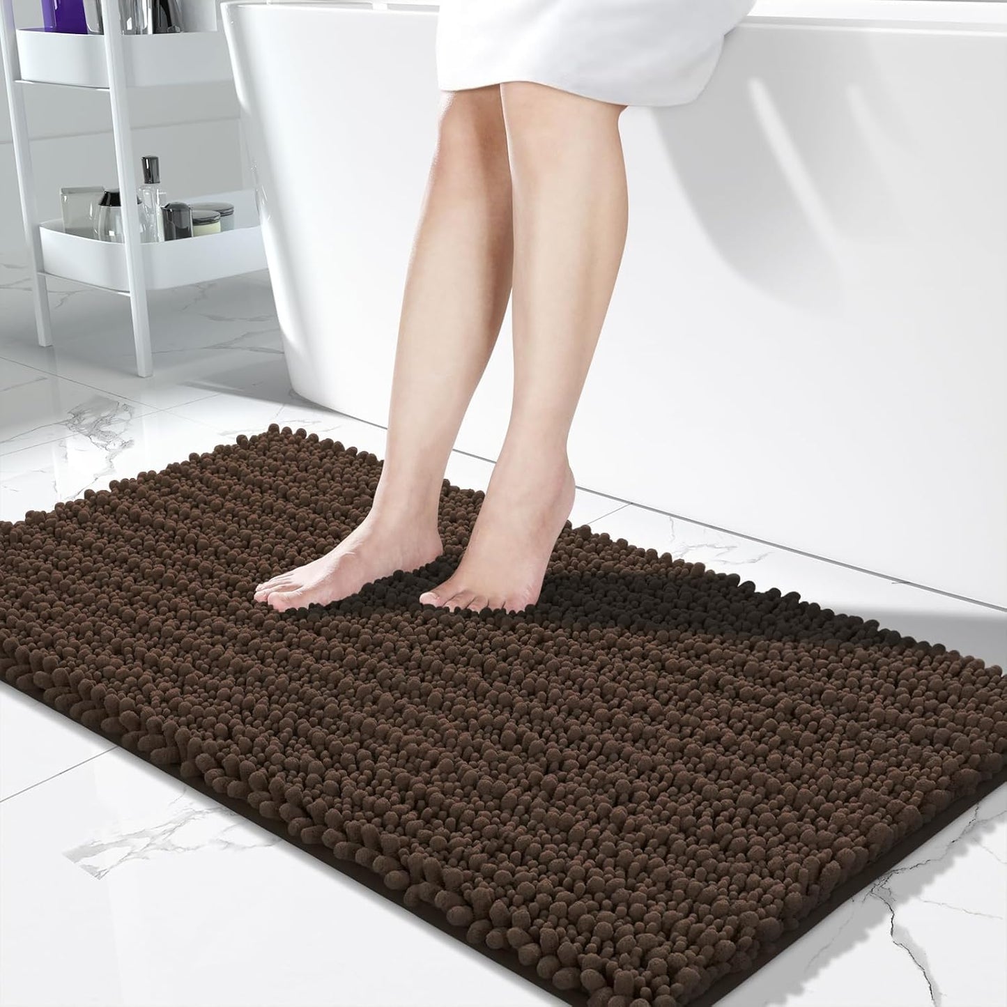 Yimobra Bathroom Runner Rug 55x24 Inch - Extra Long Non Slip Chenille Bath Mat, Soft & Absorbent, Machine Washable Shaggy Hallway Carpet for Vanity Tub Shower, Brown Home Decor Accessories