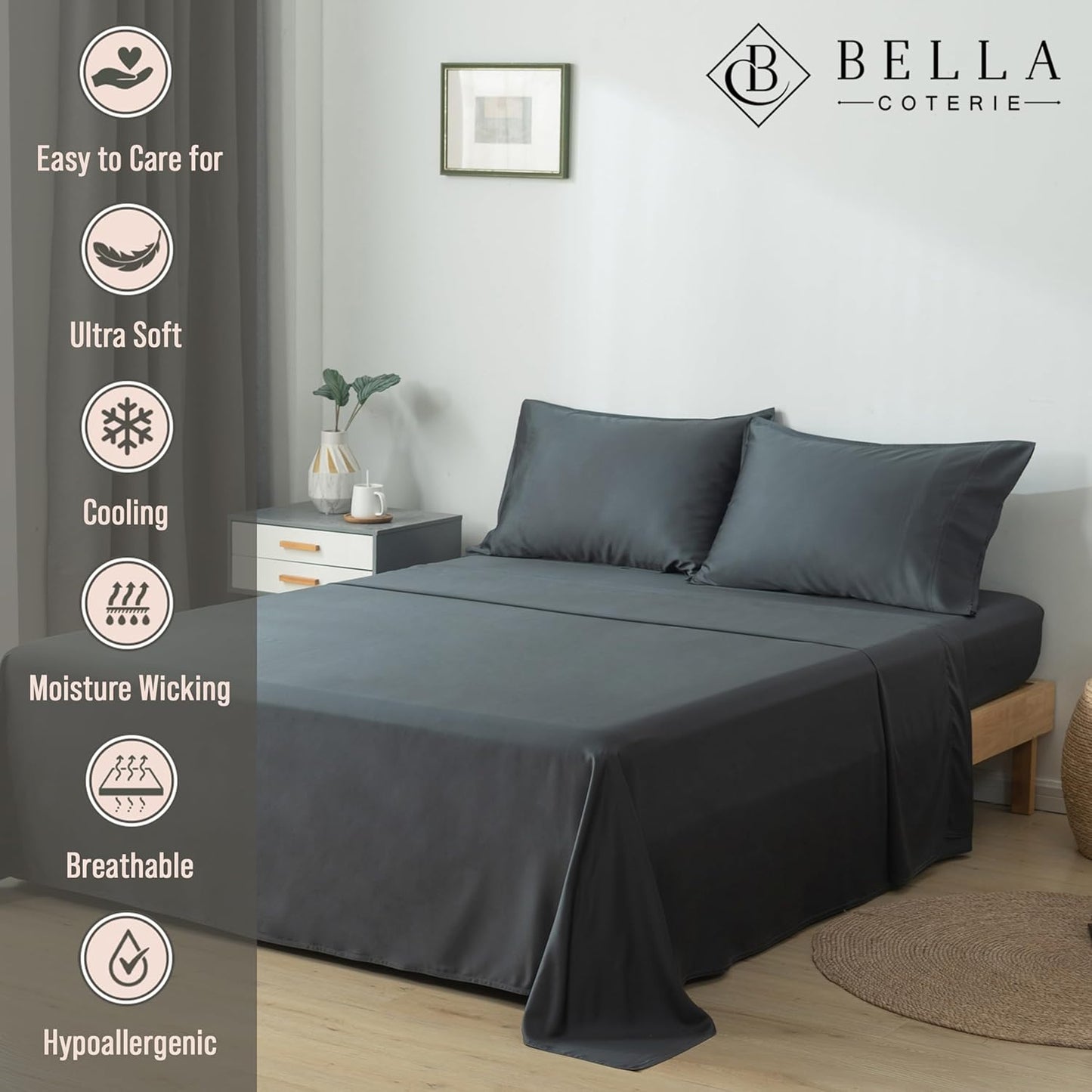 Bella Coterie Luxury Bamboo Viscose King Size Sheet Set | 100% Organically Grown | Ultra Soft | Cooling for Hot Sleepers | 18" Deep Pocket [Charcoal Grey]