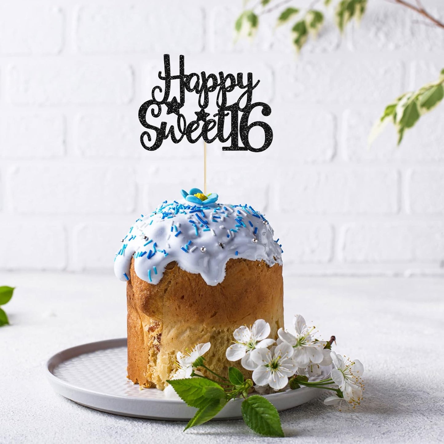 Gyufise 1Pc Happy Sweet 16 Cake Topper Glitter 16th Birthday Cake Pick for Cheers to 16 Years Old 16th Birthday Party Cake Decorations Supplies Black