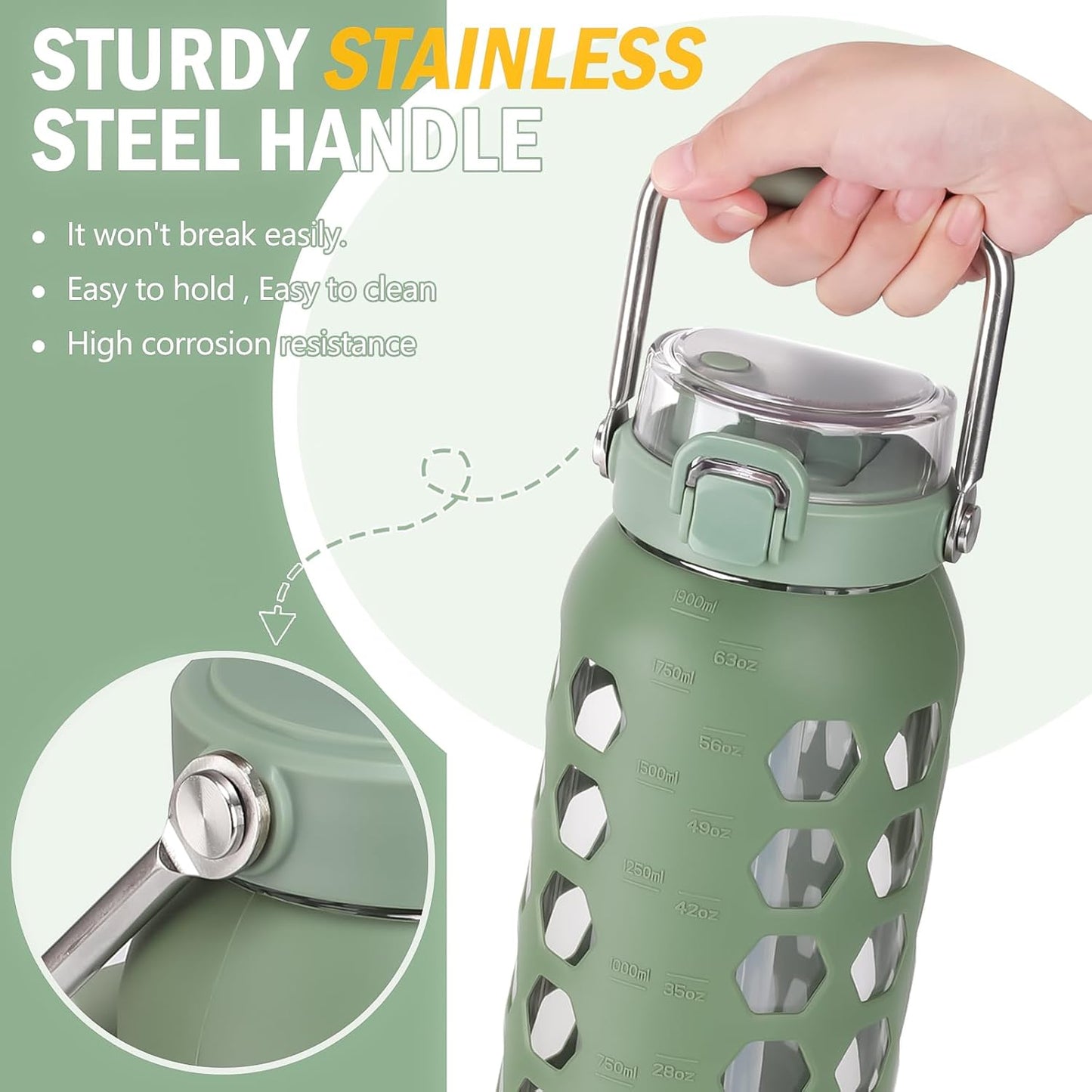 MUKOKO 64oz Glass Water Bottles with Straw and Lid,Half Gallon Water Bottle with Time Marker,Large Glass Water Jug with Silicone Sleeve and Stainless Steel Handle-Olive