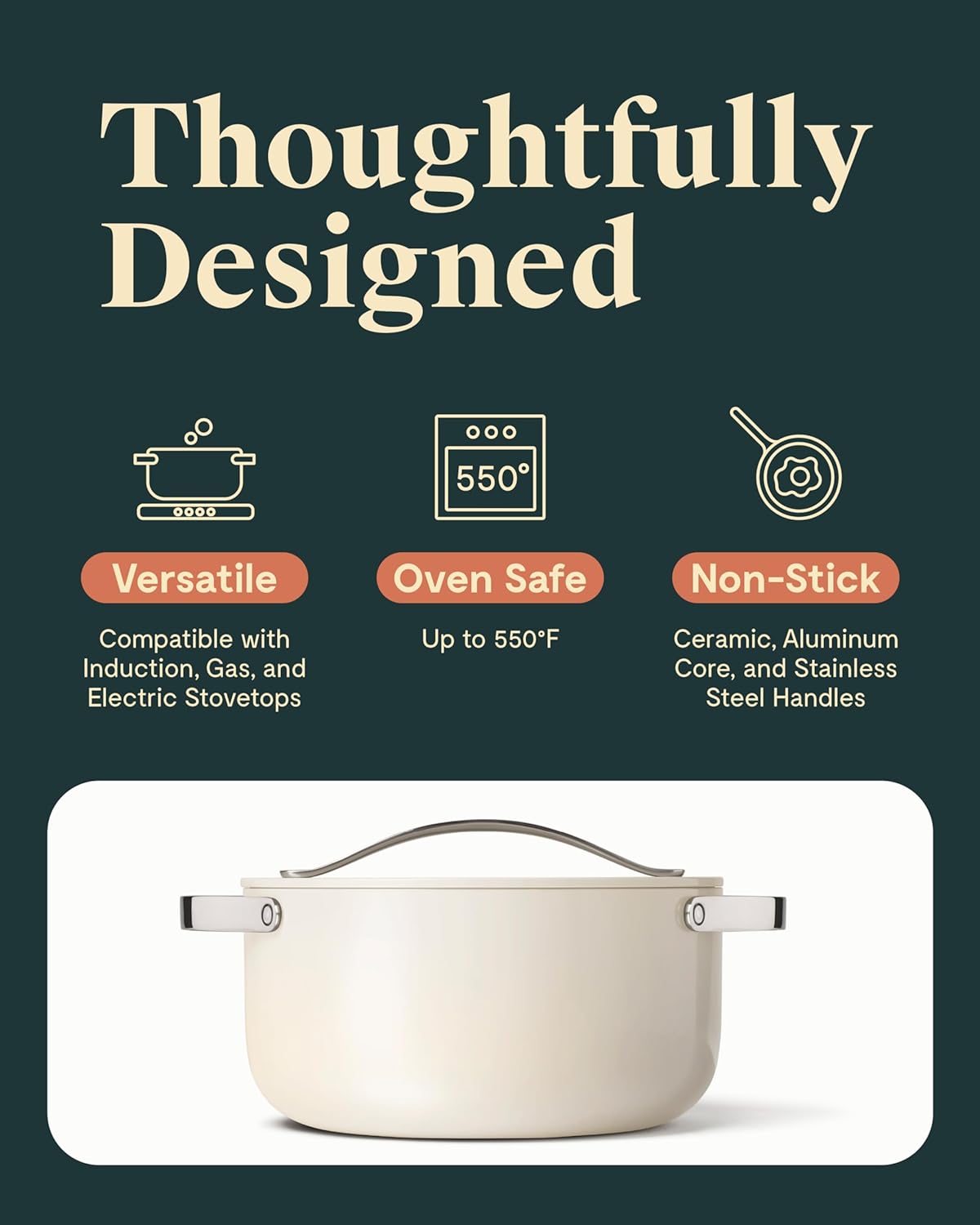 Caraway Dutch Oven Pot with Lid (6.5 qt, 10.5") - Non-Stick Ceramic Coating - Free From Forever Chemicals - Oven Safe & Stovetop Agnostic - Cream