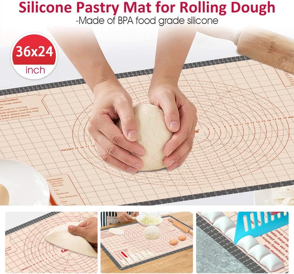 Silicone Pastry Mat 36 x 24 Inch - Larger Silicone Baking Pastry Mat for Rolling Dough,Non Slip Silicon Dough Sheet with Measurement,Perfect for Making Pie,Pizza(Gray)