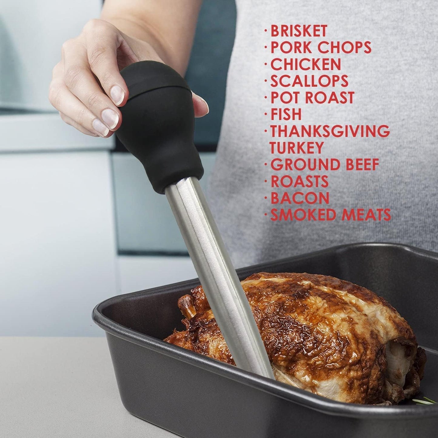 KAYCROWN Turkey Baster and Turkey Roast Lifters, Rubber Turkey Baster with 2 Marinade Needles & Stainless Steel Turkey Poultry Forks Set, Poultry Lifters