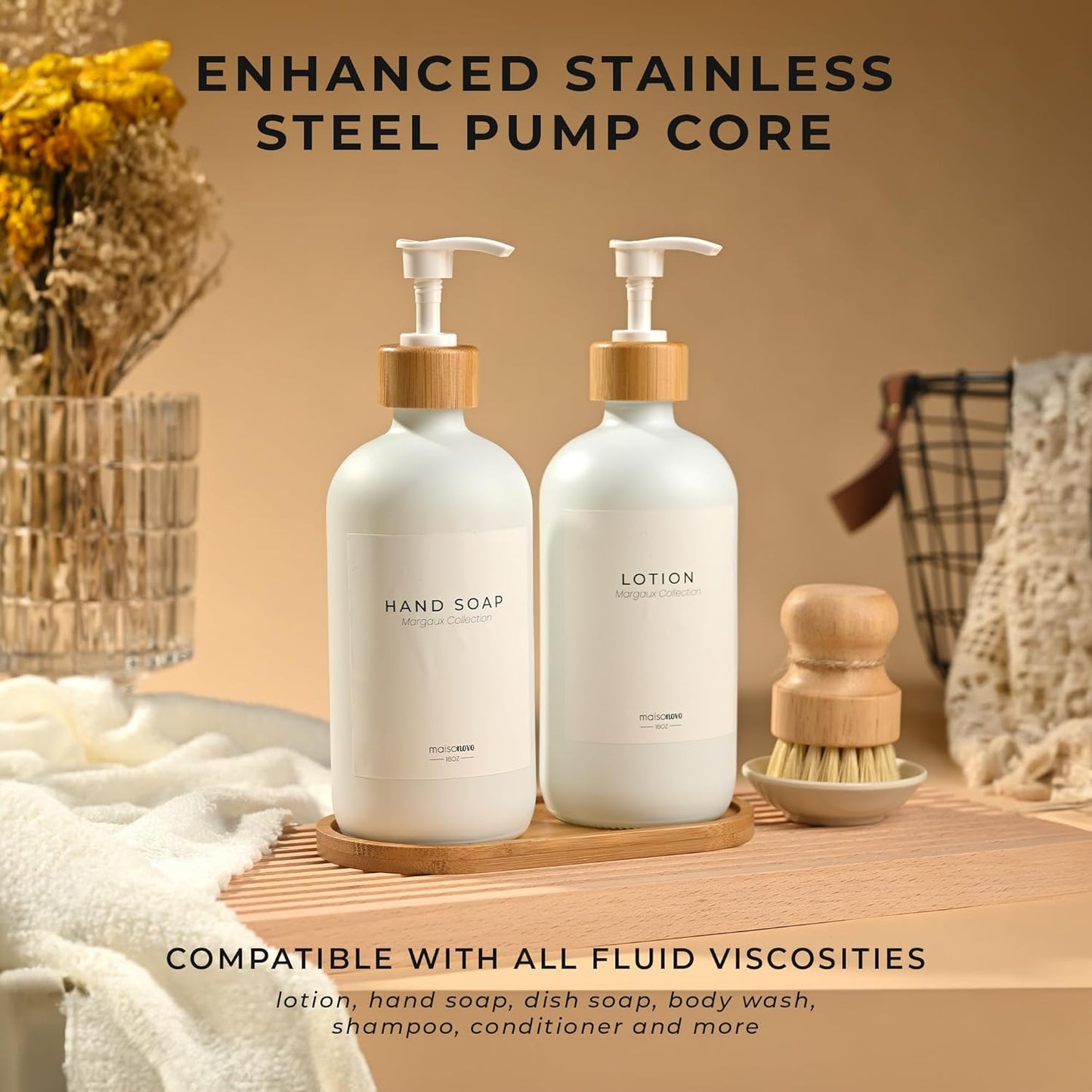 MaisoNovo Glass Soap Dispenser Bathroom Set | Hand Soap and Dish Soap Dispenser Set | 16.9oz White Bottles with White Bamboo Pump | Bathroom Lotion Dispenser with Pump Set of 2