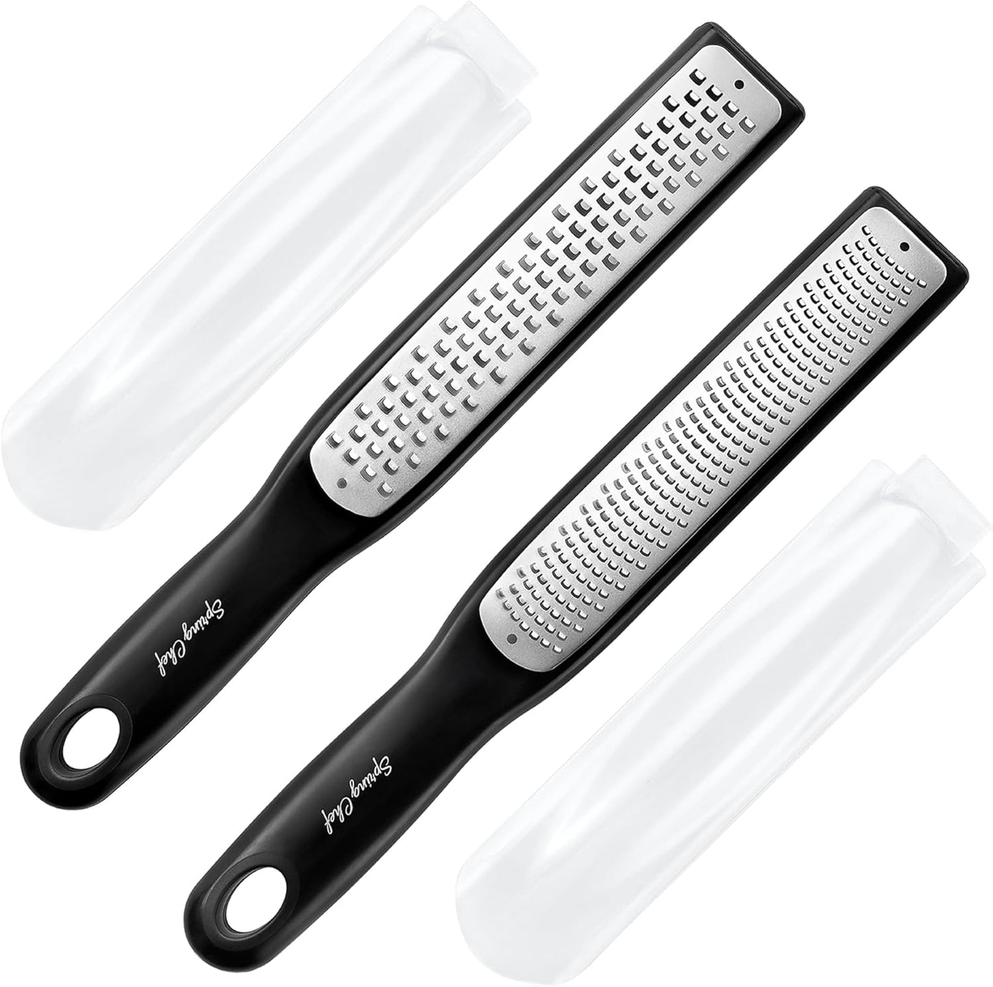 Spring Chef Premium Lemon Zester Grater with Handle - Ginger, Nutmeg, Garlic Grater - Heavy Duty Kitchen Tool - Stainless Steel Citrus Zester with Blade Cover - Fine & Coarse Shred, Set of 2, Black