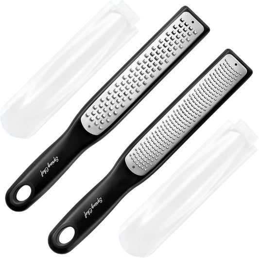 Spring Chef Premium Lemon Zester Grater with Handle - Ginger, Nutmeg, Garlic Grater - Heavy Duty Kitchen Tool - Stainless Steel Citrus Zester with Blade Cover - Fine & Coarse Shred, Set of 2, Black