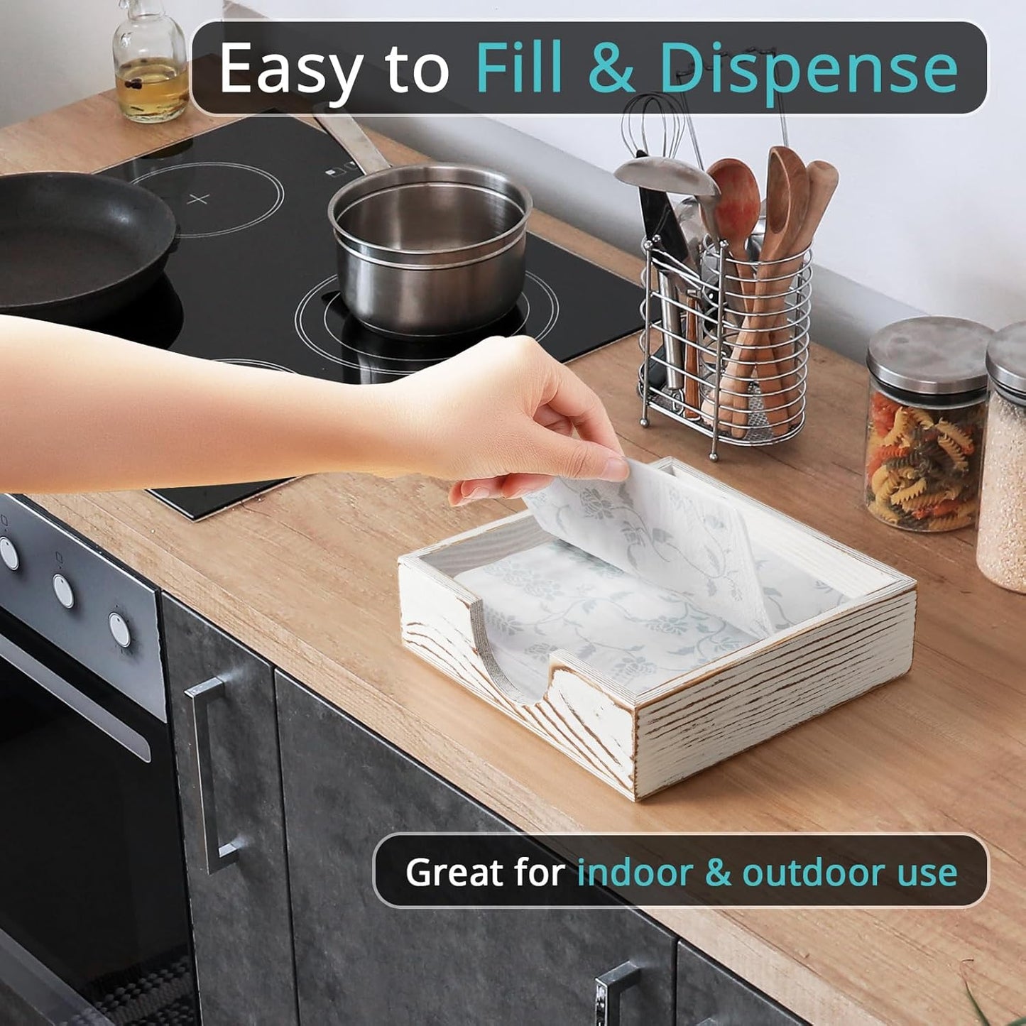 Napkin Holder for Table, White Washed Wood Napkins Holders For Paper Napkins, Flat Napkin Holder for Luncheon, Napkin Holders for Kitchen Dinner Decor, Napkin Dispenser for Indoor & Outdoor Use