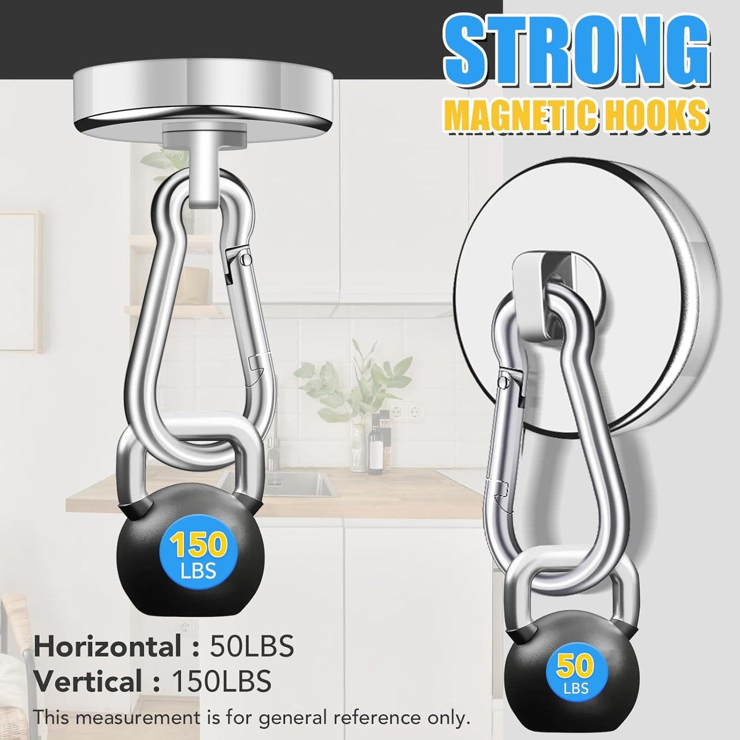 Magnetic Hooks Heavy Duty 150Lbs, 4 Pack Super Strong Magnetic Hooks with Swivel Carabiner for Cruise, Black Neodymium Magnet Hooks Magnetic Wall Hanger for Hanging, Toolbox, Grill, Cabins