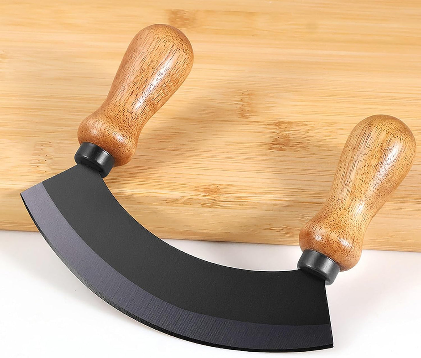 5.4 Inch Stainless Steel Mezzaluna Knife - Salad Chopper Rocker Pizza Cutter Rocker Knife Curved Blade Sharp Blade Double Acacia Wood Handle Fruit Vegetable Mincing (5.4 Inch Black)