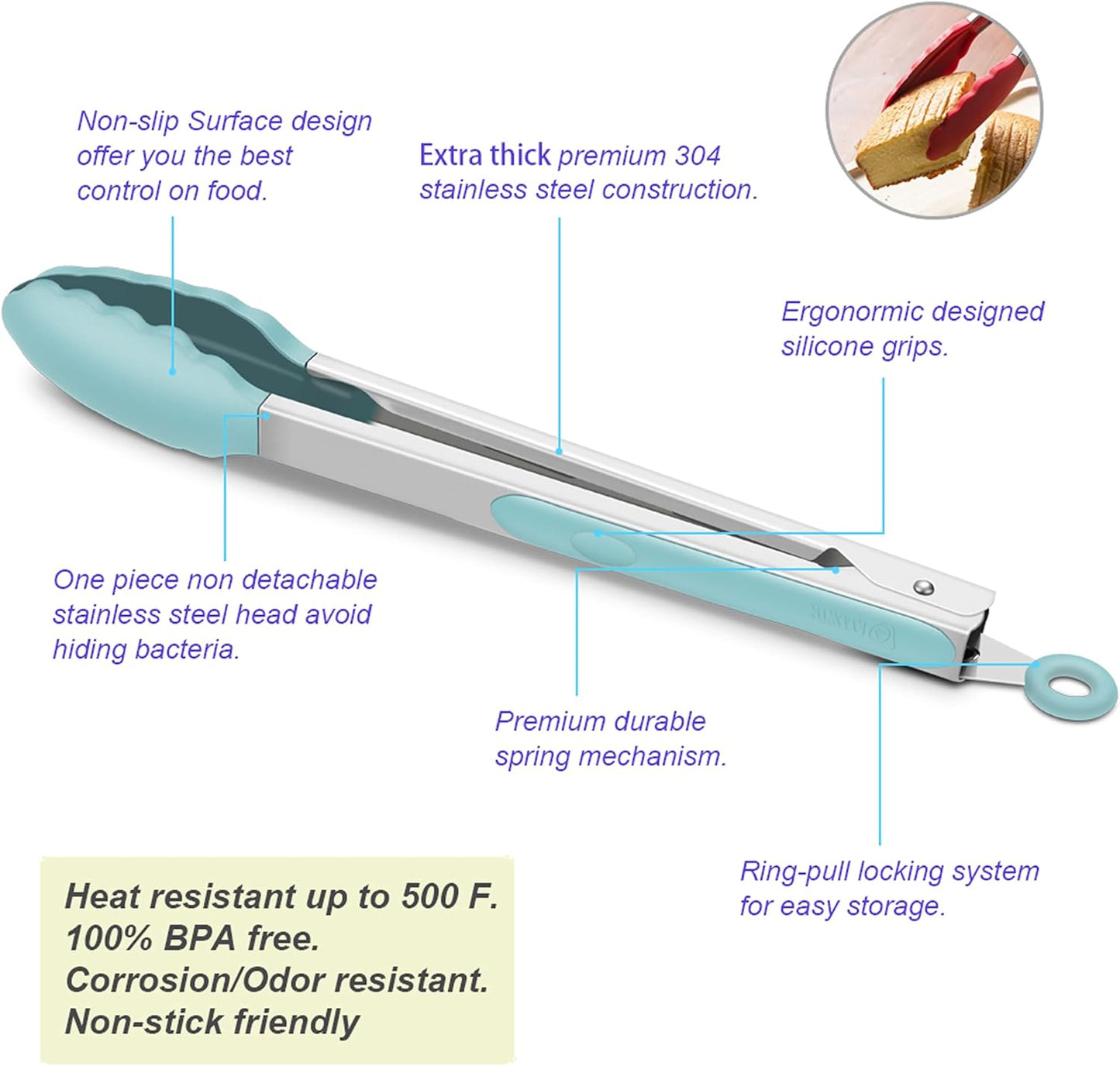 4 Pack Aqua Sky Kitchen Tongs, Premium Silicone BPA Free Non-Stick Stainless Steel BBQ Cooking Grilling Locking Food Tongs, 9-Inch & 12-Inch