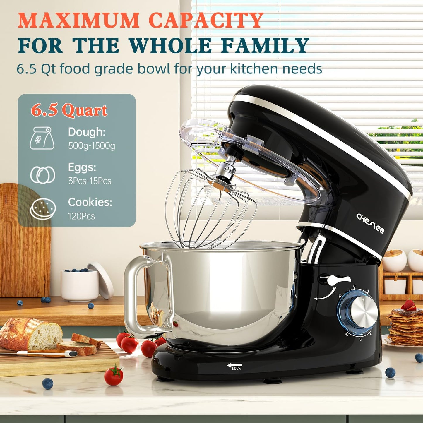 CHeflee Stand Mixer,600W 6+P With 6.5QT Stainless Steel Bowl,Dough Hook, Wire Whip & Beater,for Most Home Cooks,Black