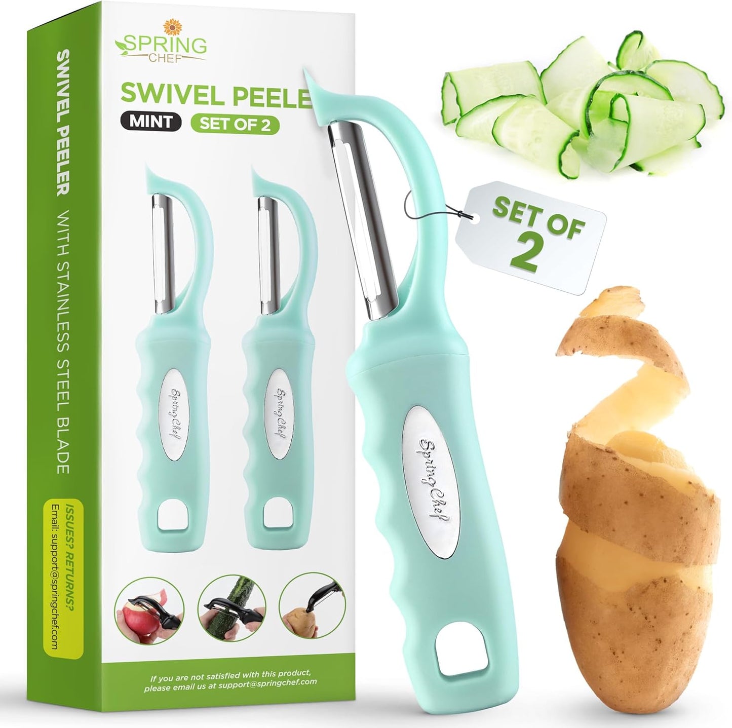 Spring Chef Premium Stainless Steel Vegetable Peeler, Dishwasher Safe Potato Peelers for Kitchen with Soft Grip Handle, Perfect for Apple, Fruit, Veggie, Carrot, Cucumber, Ginger - Set of 2 - Mint