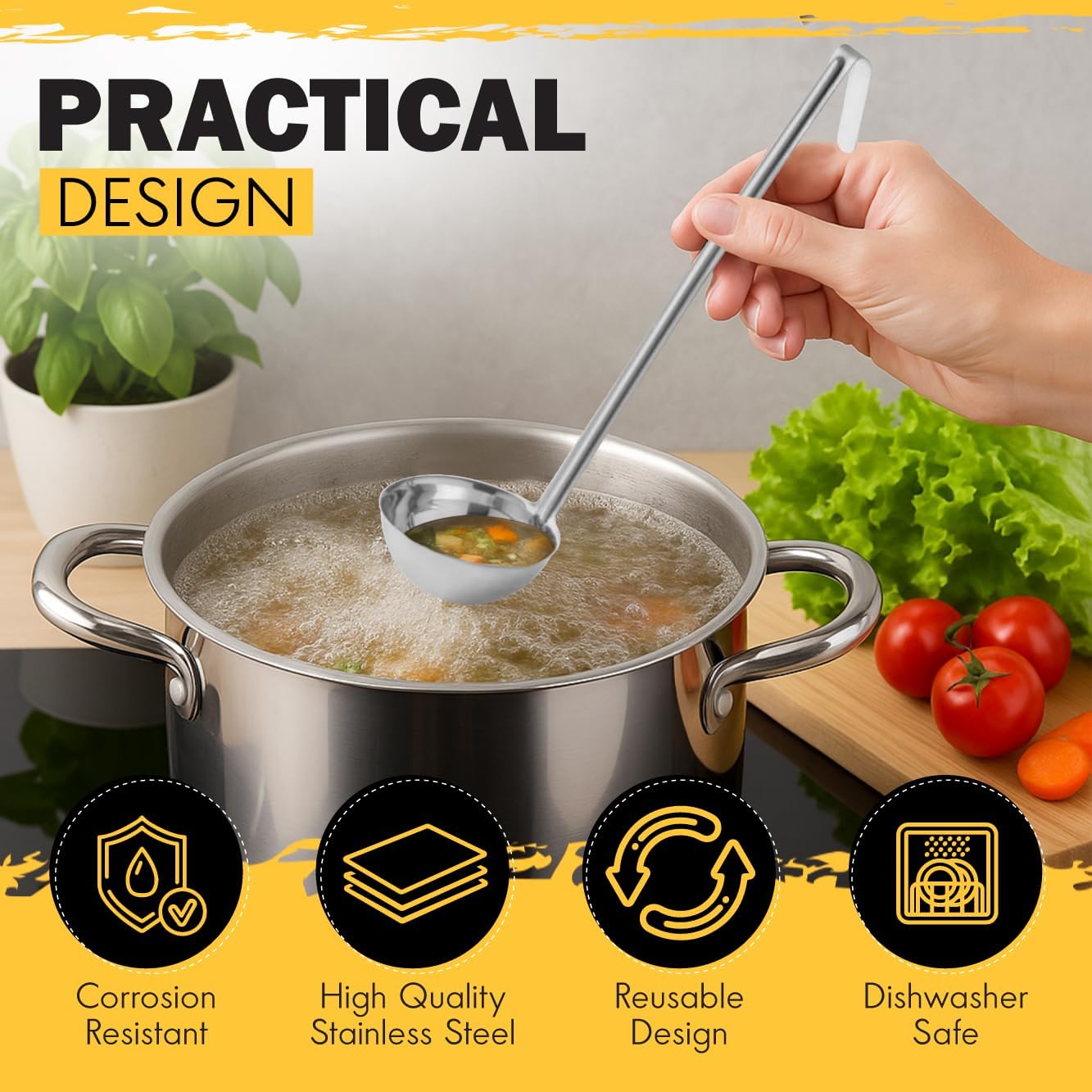 Ladle - Durable Stainless Steel Ladle Serving Measuring Soup Dressing Sauce Gravy Sturdy Dependable Long Handle for Kitchen (1, 6 Oz.)