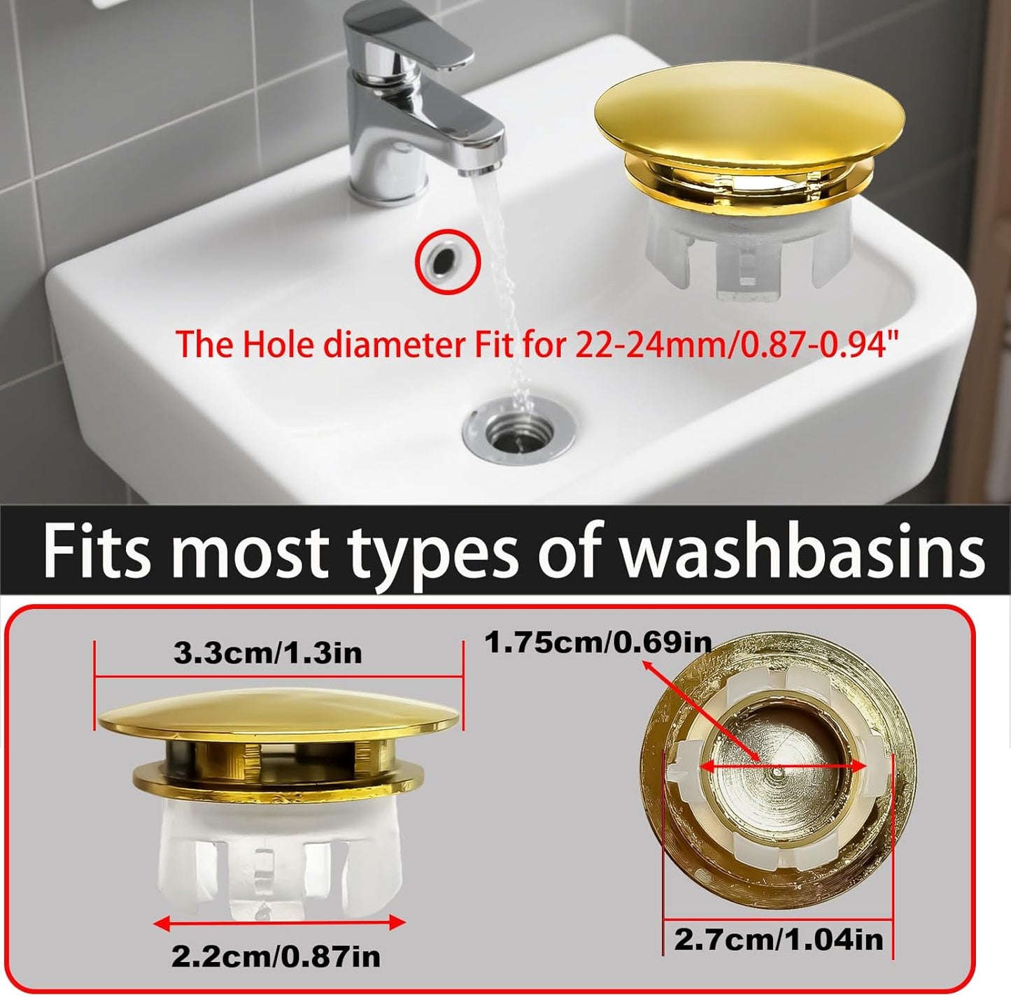 2 Pack Sink Basin Overflow Trim Ring,Solid Brass Bathroom Sink Trim Overfollow Cover,Sink Trim Overflow Cover Insert in Hole Round Caps or Kitchen Bathroom(Bright Gold)