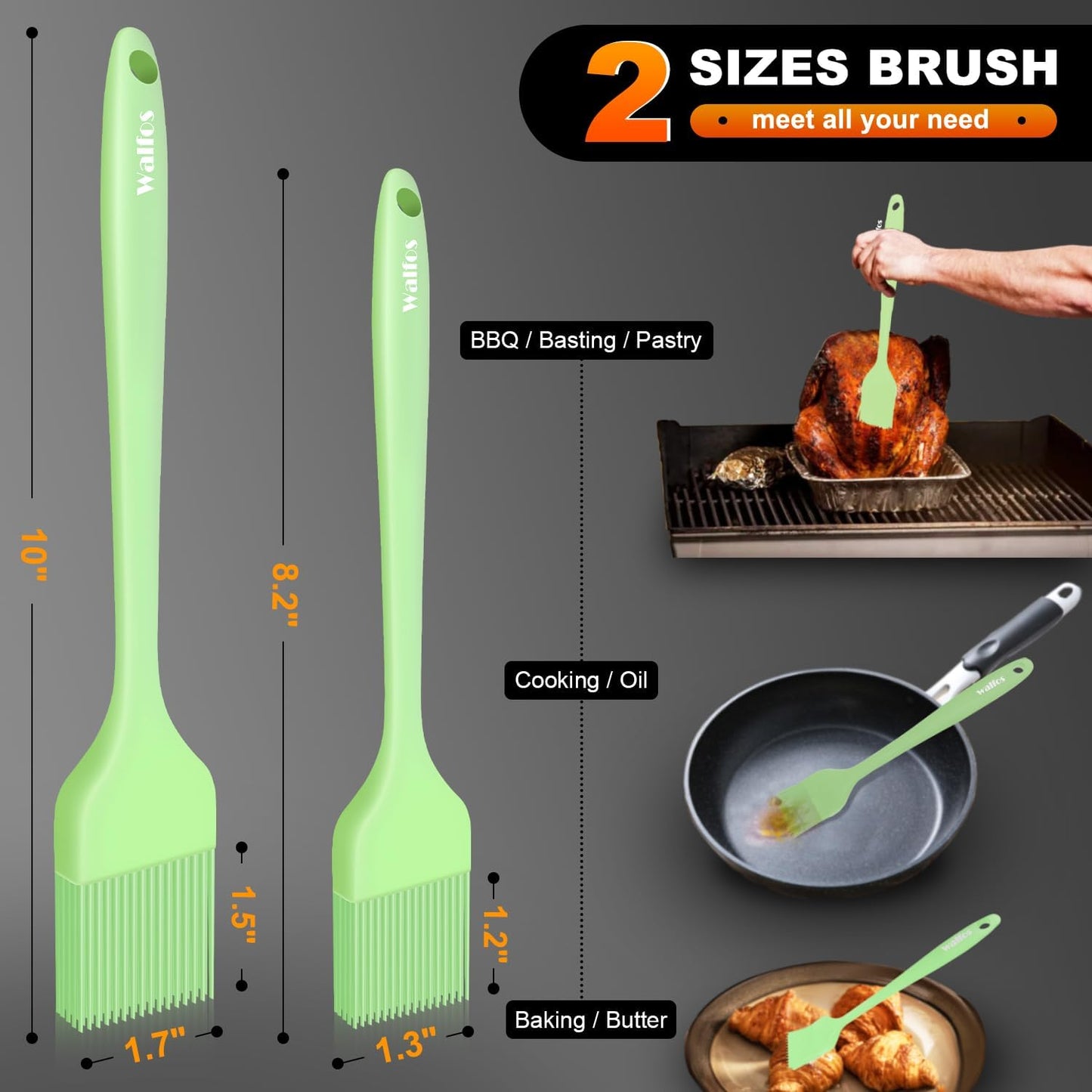 Walfos Basting Brushes Silicone, Heat Resistant Pastry Brushes for Kitchen Cooking, Oil, BBQ Grill, One-Pieces Design,BPA Free and Dishwasher Safe, 2 Pcs (Lime Green)