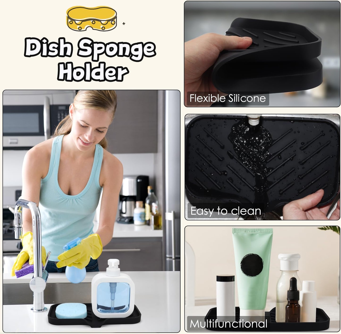 Yasmen Silicone Bathroom Soap Dishes, Sink Sponge Holder for Kitchen, Rubber Soap Dish with Drain, Shower Soap Sponge Tray, Sink or Counter Organizer, for Bar Soap, Bottle, Dish Soap Dispenser-Black