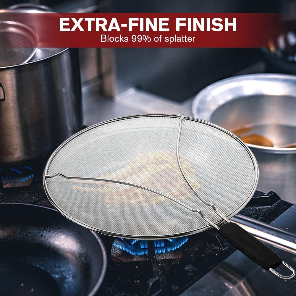 Splatter Screen for Frying Pan & Food Strainer,13 Inch Stainless Steel Grease Splatter Guard,Shield from Splashing Oil, Dishwasher Safe(Black)