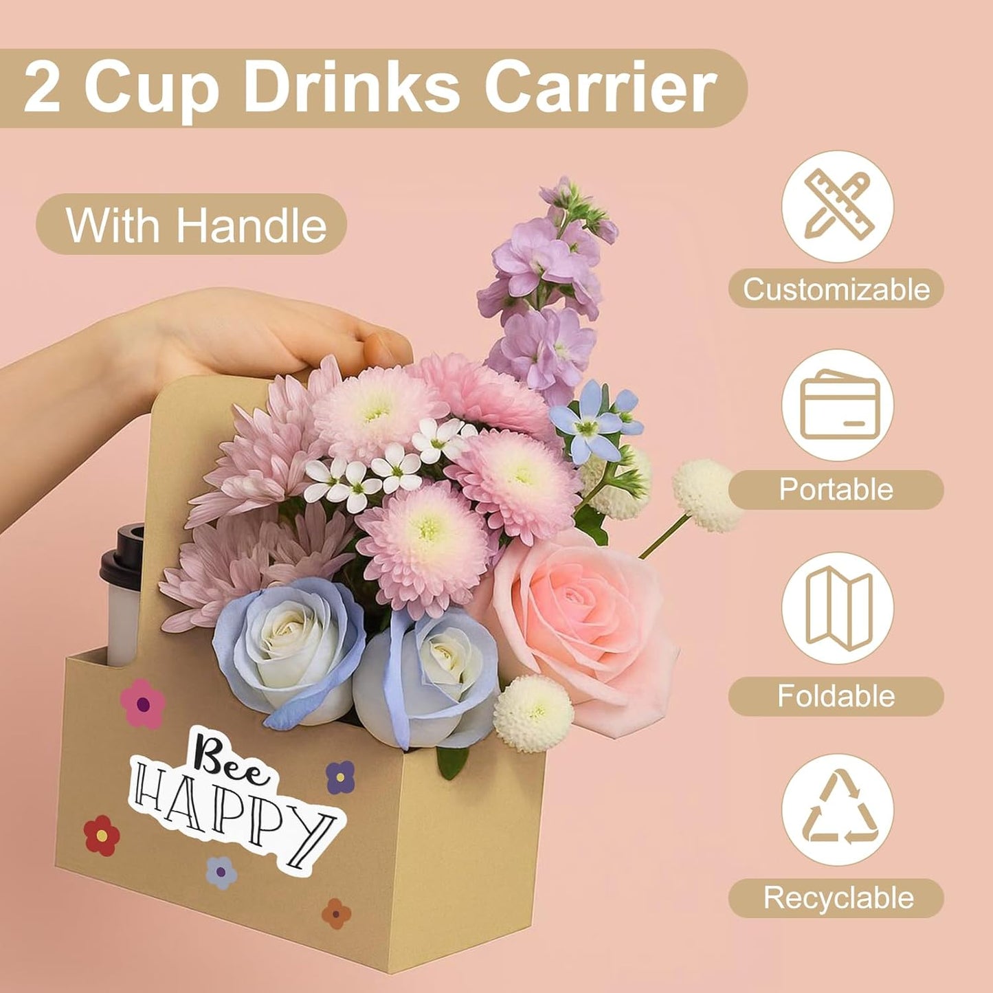 30 Pcs 2 Cup Drink Carrier with Handle, Assemblable Kraft Cardboard Cup Holders with 30 Pcs Happy Birthday Stickers, Disposable Drink Carrier for Drinks Coffee Take Out Cup Carriers Brown