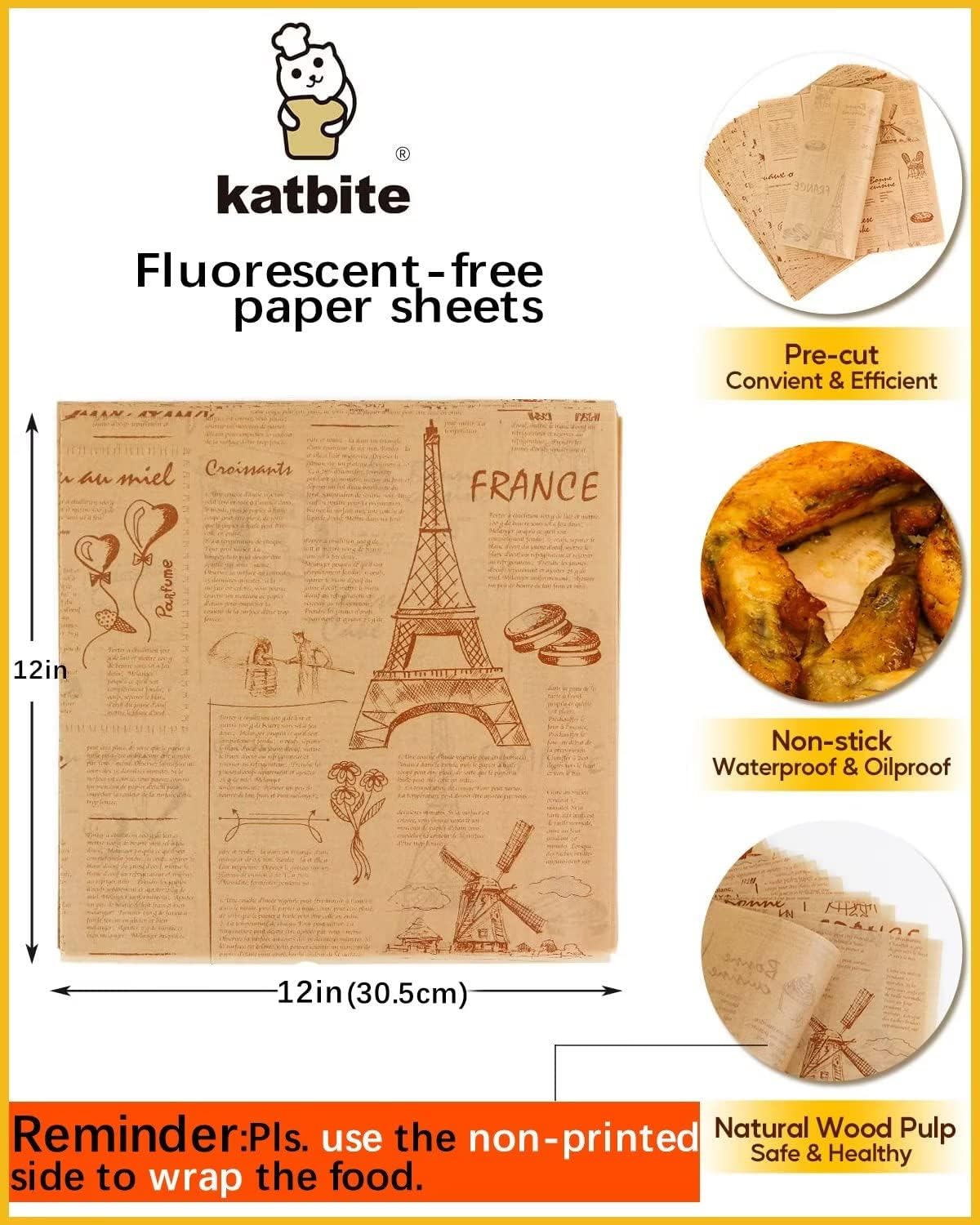 Katbite 100 Pcs Sandwich Wrapping Paper, 12x12 inch Food Basket Liners, Grease Proof & Non-stick Baking Parchment Paper