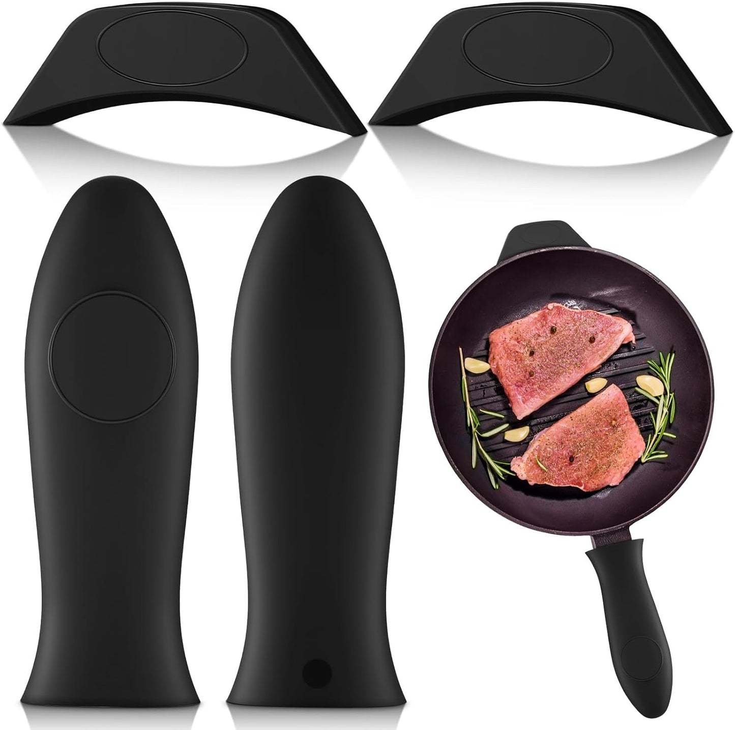 Domensi 4 Pcs Silicone Hot Handle Holder Set Cast Iron Skillet Handle Covers Heat Resistant Silicone Assist Handle Holder for Frying Pans Cast Iron Skillet Griddles Cookware(Black)