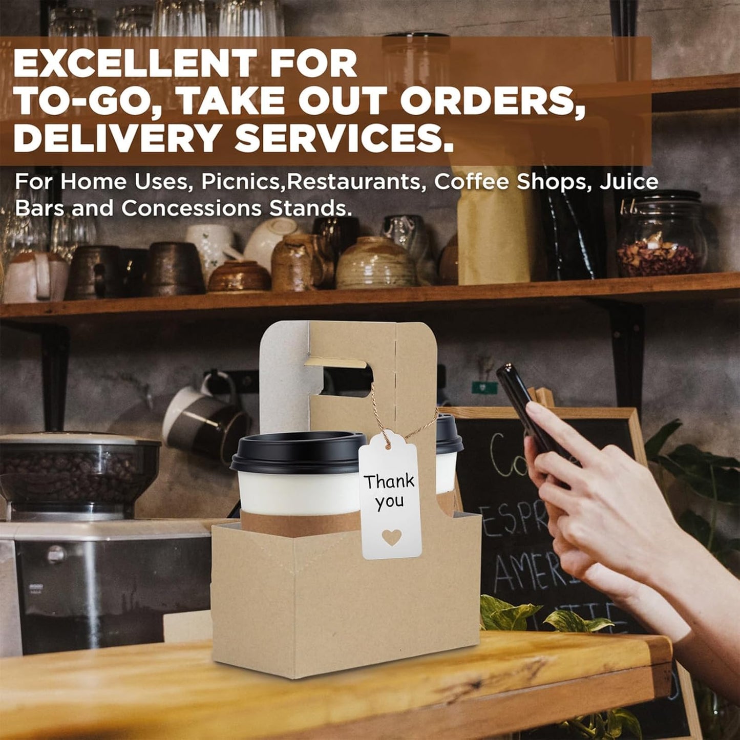 30 Pack 2 Cup Disposable Drink Carrier with Handle Paperboard Coffee Cup Holder Portable for Hot Cold Drinks Food Delivery Services with Heart Card for Teacher Appreciation Week Mother's Day