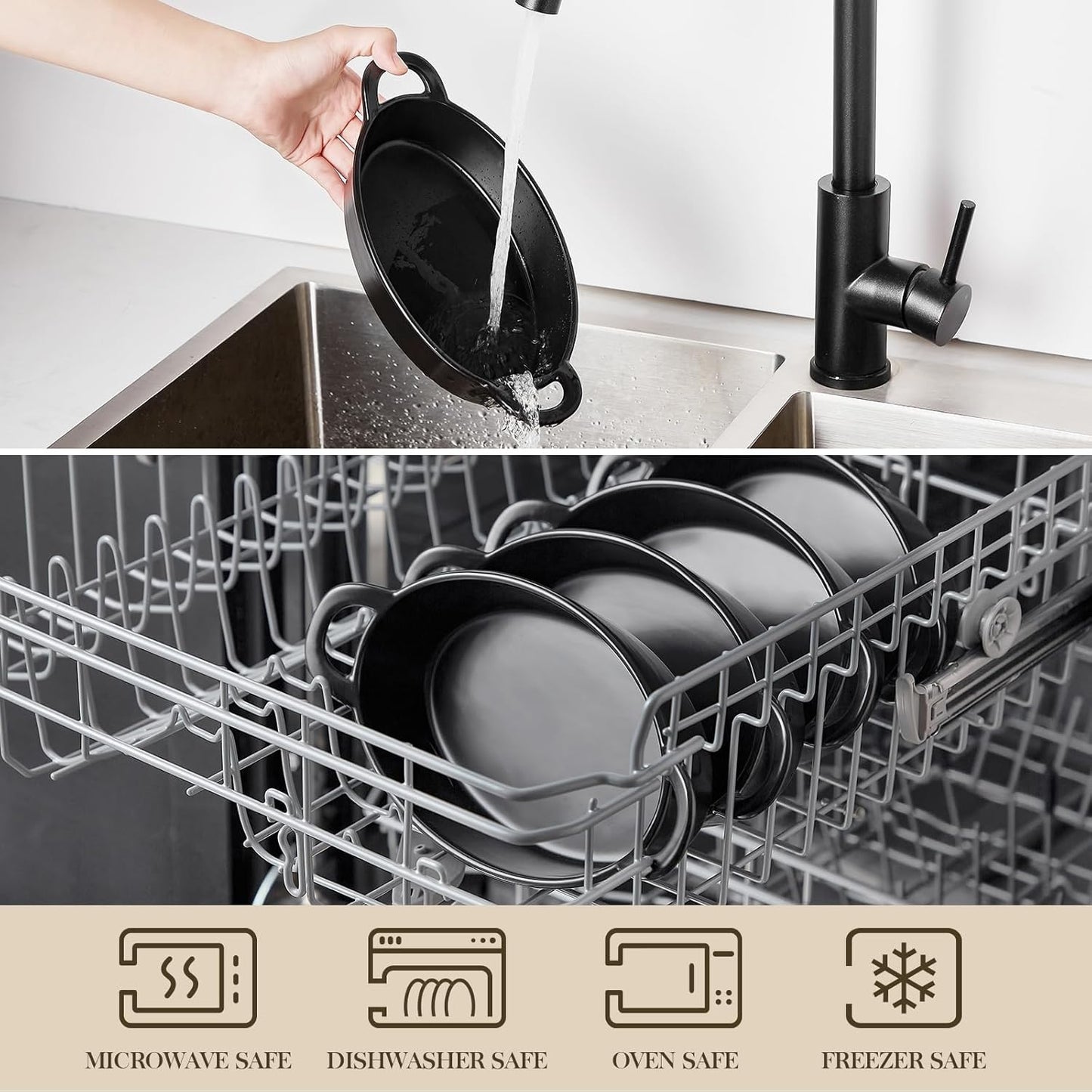 MALACASA Small Casserole Baking Dishes for Oven, Ceramic Oval Baking Dish Sets of 4, 8" x 5" Inch Au Gratin Baking Pans with Handles for Roasting, Lasagna, Pie, Baking Meat & Vegetables, Matte Black