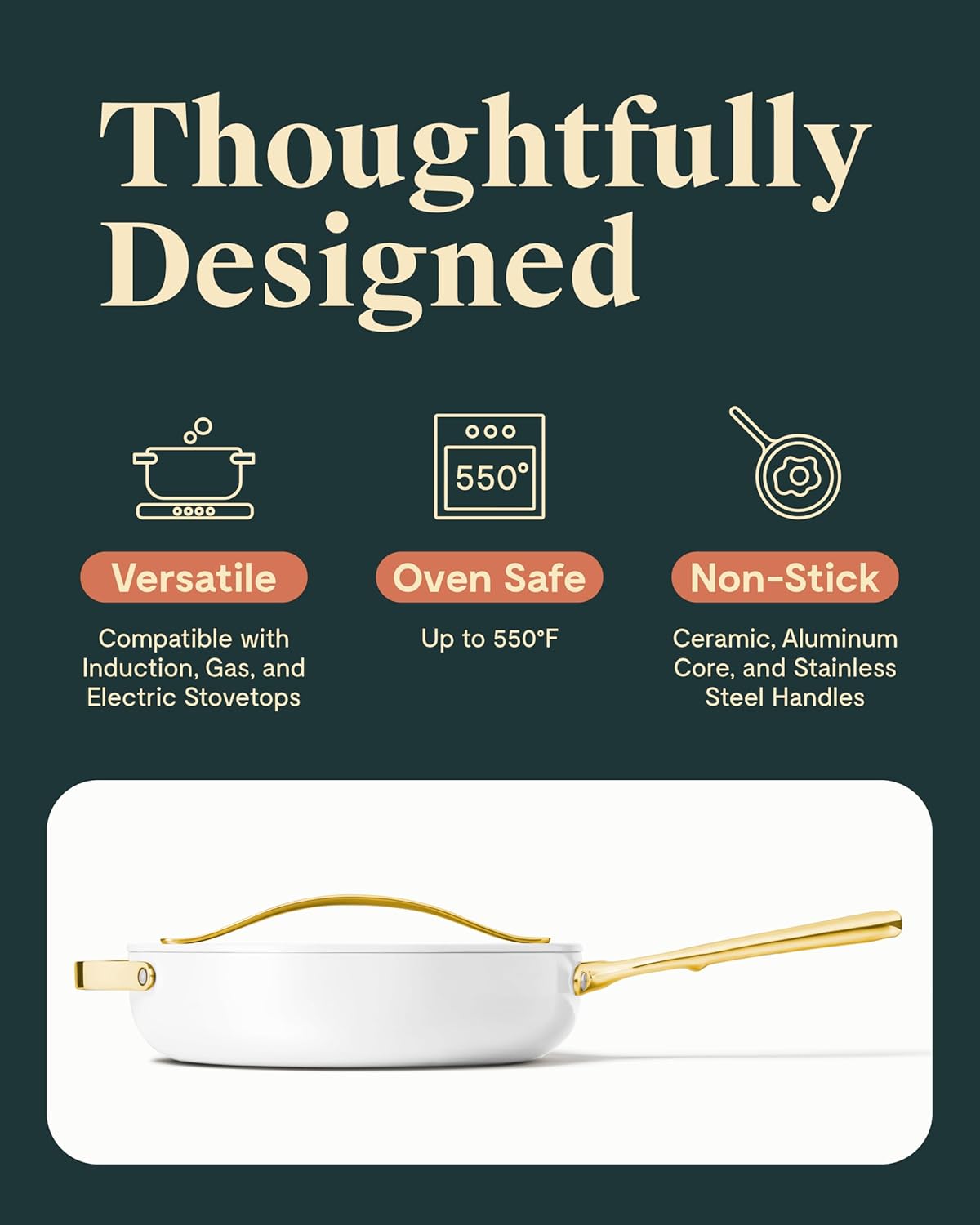 Caraway Nonstick Ceramic Sauté Pan with Lid (4.5 qt, 11.8") - Non Toxic, PTFE & PFOA Free - Oven Safe & Compatible with All Stovetops (Gas, Electric & Induction) - White