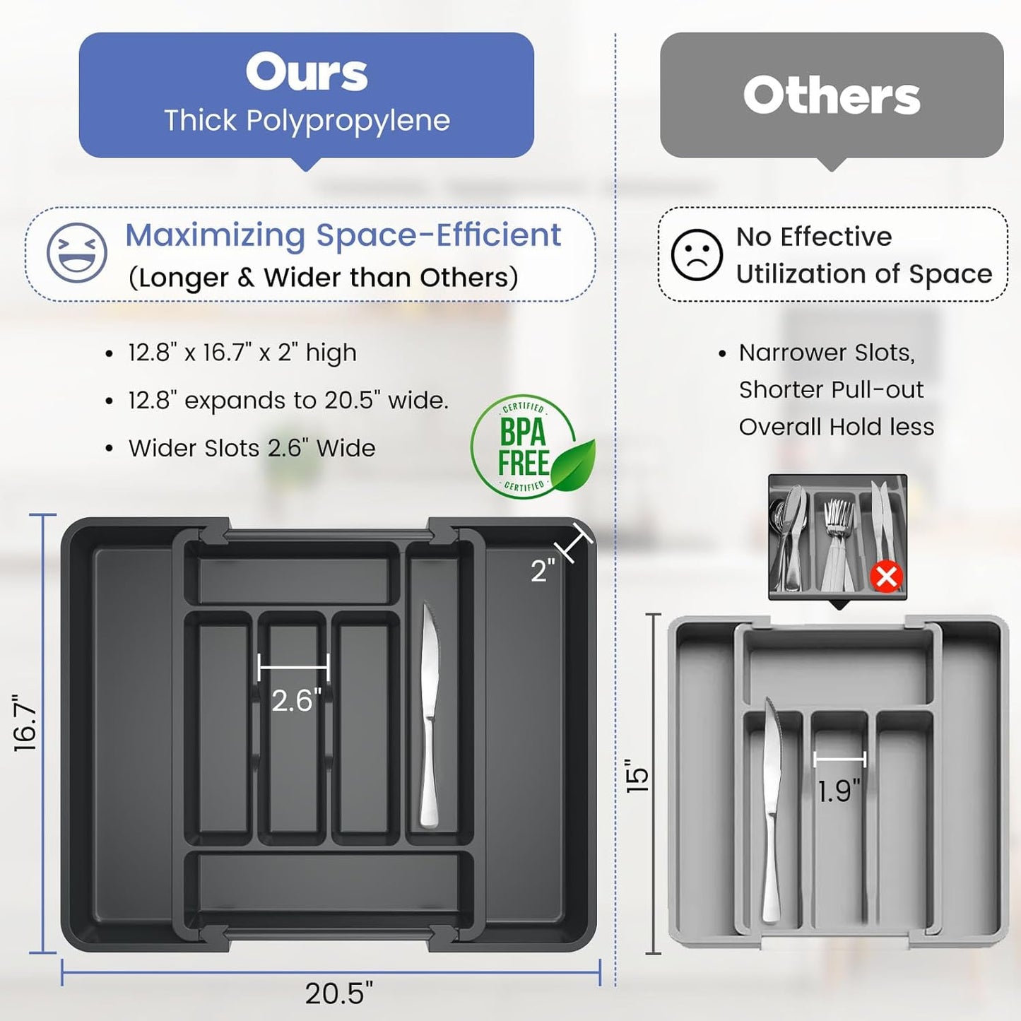 Caperci Large Silverware Organizer for Kitchen Drawer & Utensils - Expandable Drawer Organizer for Cutlery, Flatware & Gadget, BPA-Free Thick Plastic, Wider Compartments & Non-skid Feet (Black)