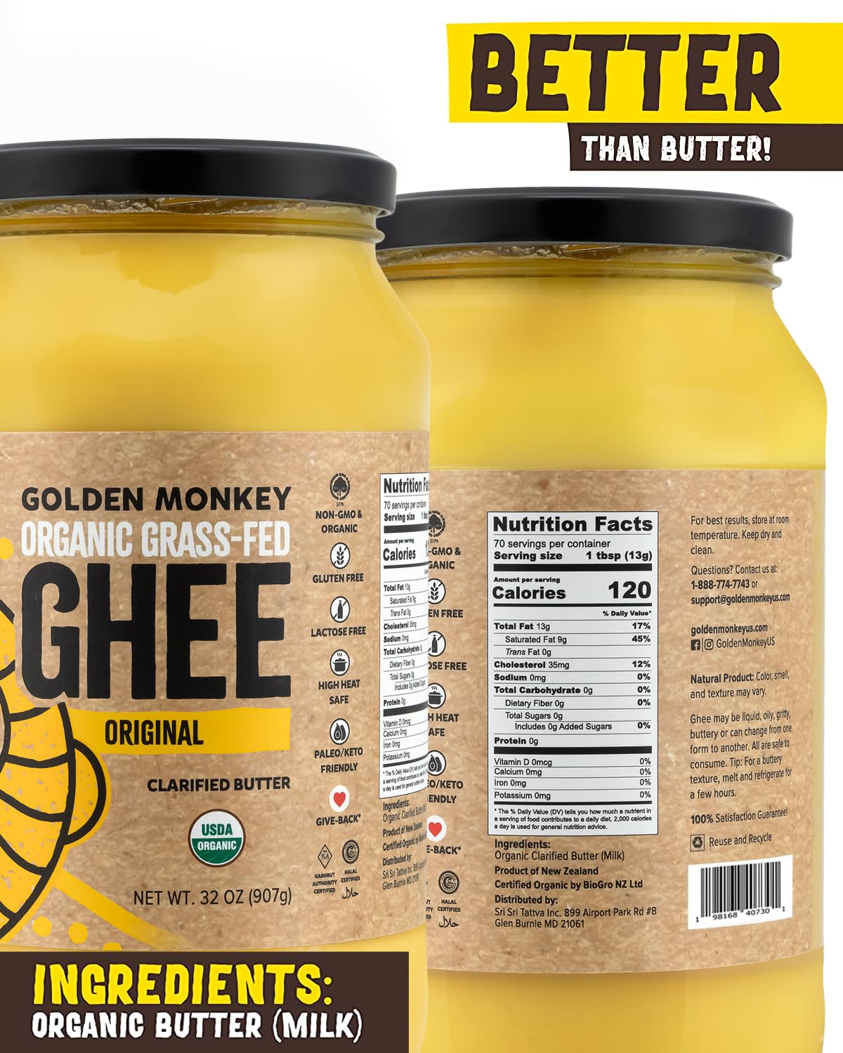 GOLDEN MONKEY Organic Ghee Butter – Grass Fed Clarified Butter for Cooking, Baking, Keto & Gut Health – Ghee Butter Organic Grass Fed from Small Farms – Smooth Spread with High Smoke Point (32oz)