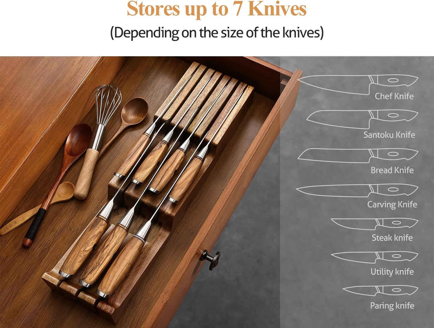XINZUO In-drawer Knife Block, Natural Acacia Knife Drawer Oganizer, Insert-Kitchen Storage Holder, 7 Slots, Holds up to 7 Various Size Knives, Countertop Saving&Knife Protective