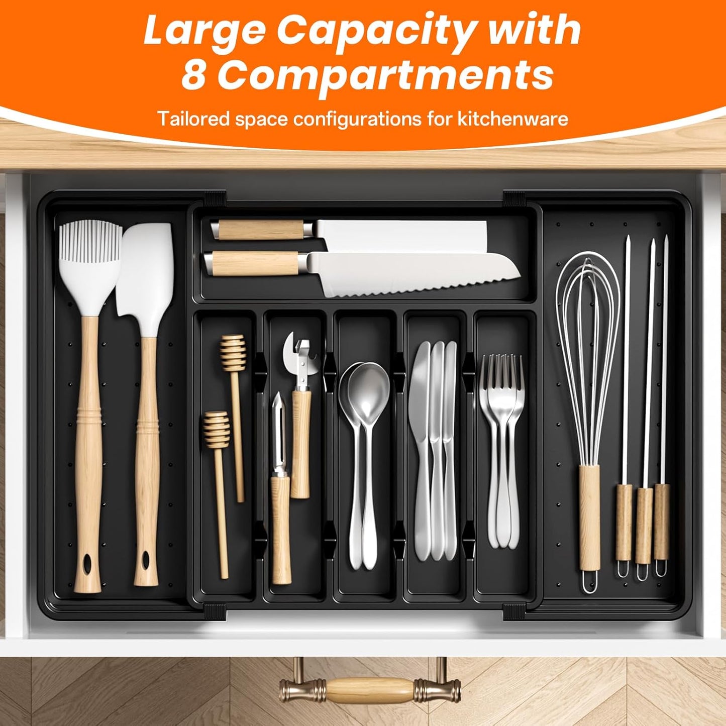 Large Silverware Organizer,Expandable Utensil Drawer Organizer,BPA Free Utensil Holder,Adjustable Silverware Tray Cutlery Drawer Organizer for Kitchen Flatware,Large,Black (6-8 Slots)