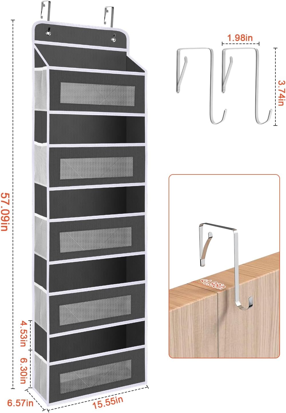 Upgrade Pocket 2 Pack Over The Door Organizer Storage, 5 Shelf Hanging Door Organizers with 10 Large Capacity Pockets, Anti Tilt 48 lb Load Behind Door Organizer for Bedroom, Bathroom, Pantry
