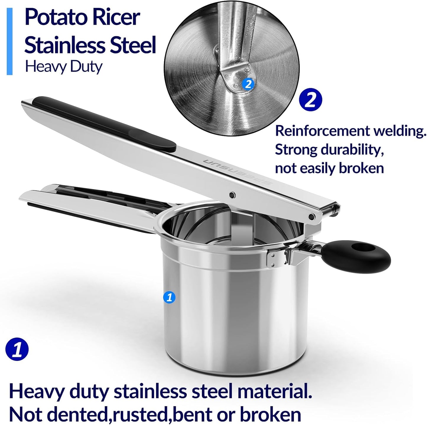 Potato Ricer, Ricer for Mashed Potatoes, 3 Interchangeable Discs Potato Masher Stainless Steel for Fluffy Mashed Potatoes, Heavy Duty Spaetzle Maker with Silicone Handle, for Gnocchi Spaghetti