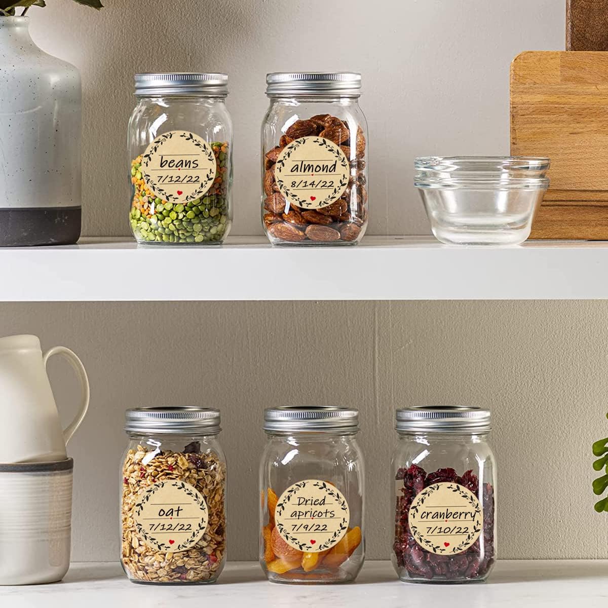 500pcs 2" Label Stickers for Jars and Lids, Wreath Design with 3 Lines for Writing, Kraft Sticker Labels Pantry Labels, Mason Jar Labels Canning Labels Bottle Labels